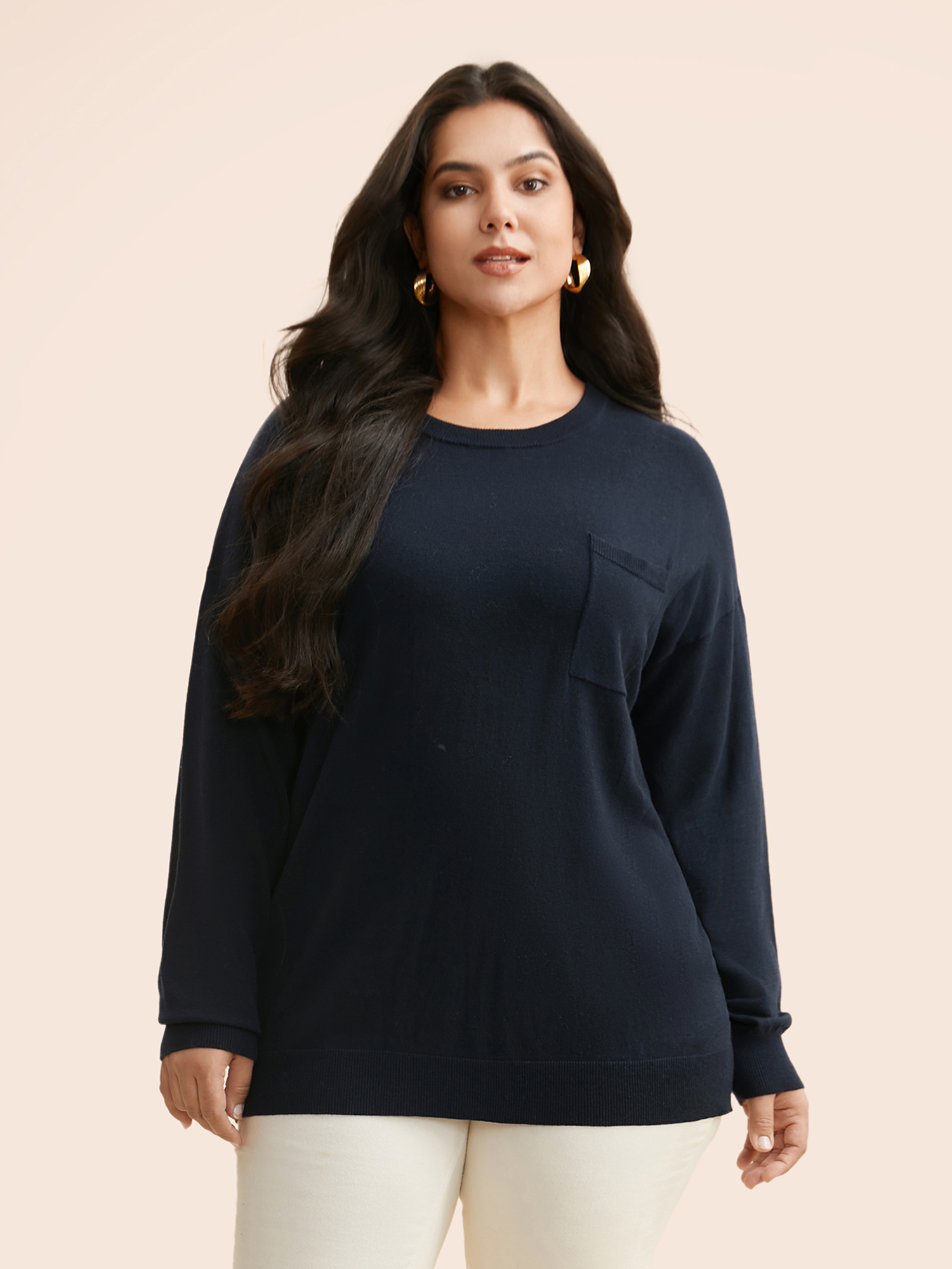 

Plus Size Supersoft Chest Pocket Top Indigo Women Casual Loose Long Sleeve Round Neck Everyday Pullovers BloomChic