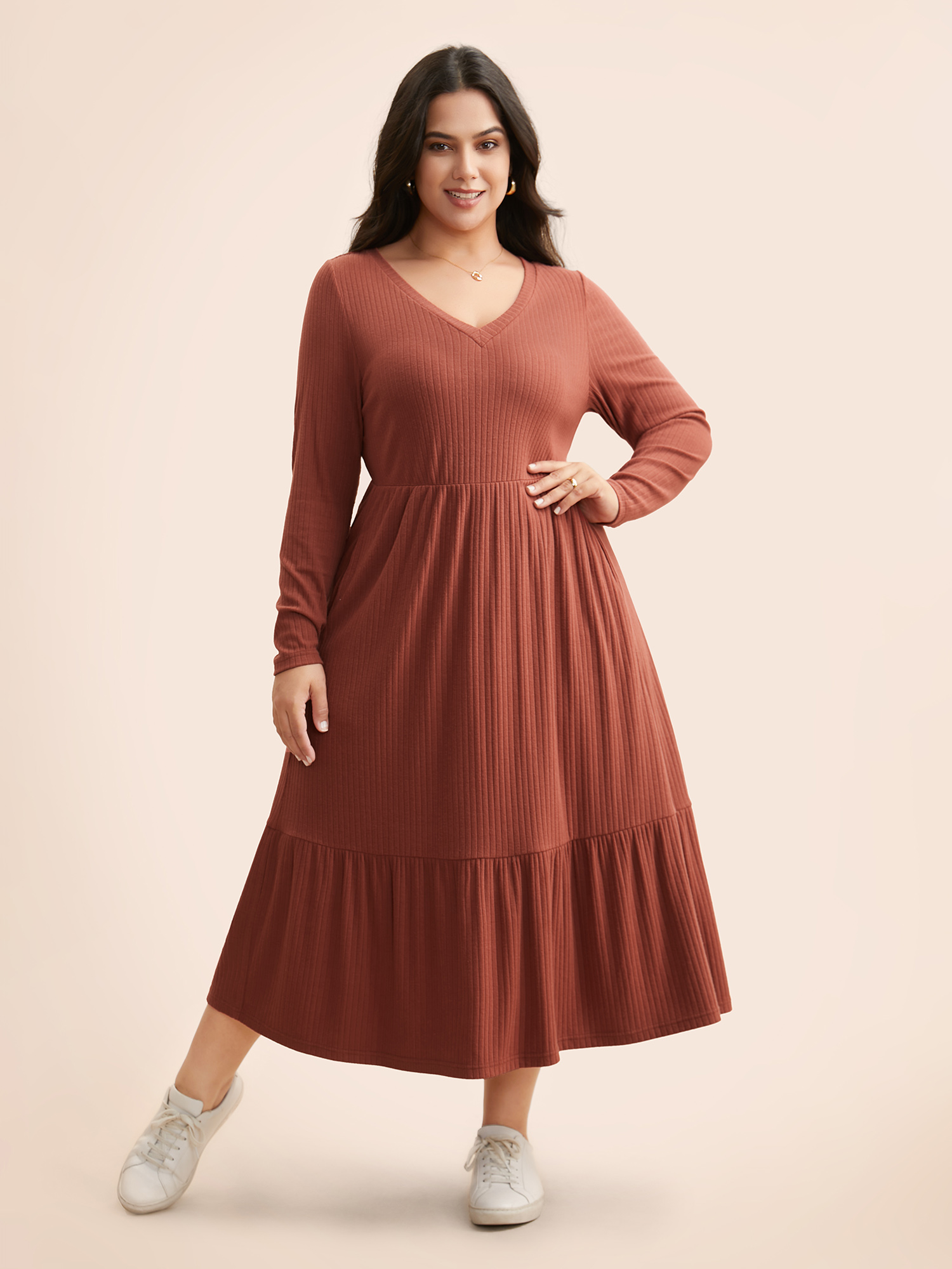 

Plus Size Supersoft Essentials Tiered Skirt Midi Dress OrangeRed Women Casual Texture V-neck Long Sleeve Curvy BloomChic