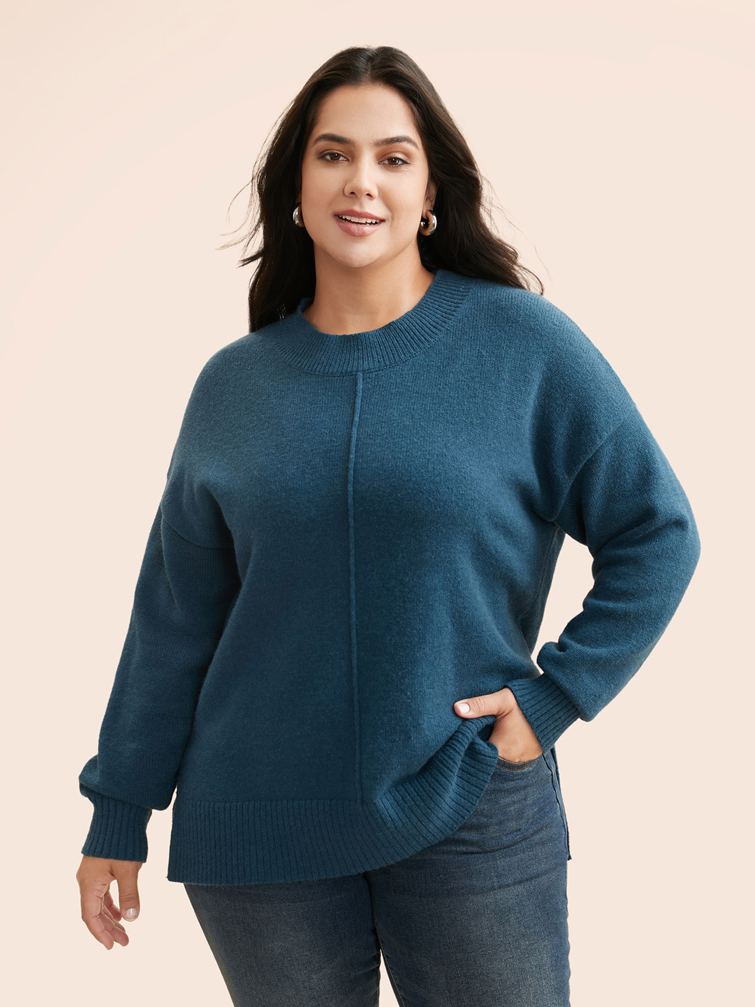 

Plus Size Supersoft Essentials Split Pullover Indigo Women Casual Loose Long Sleeve Round Neck Everyday Pullovers BloomChic