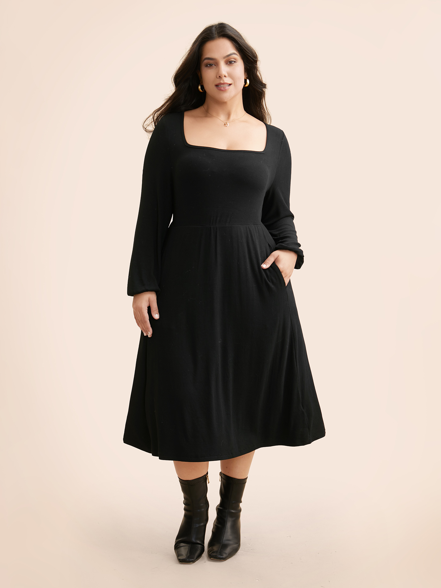 

Plus Size Supersoft Essentials Elastic Waist Midi Dress Black Women Basics Texture Square Neck Long Sleeve Curvy BloomChic