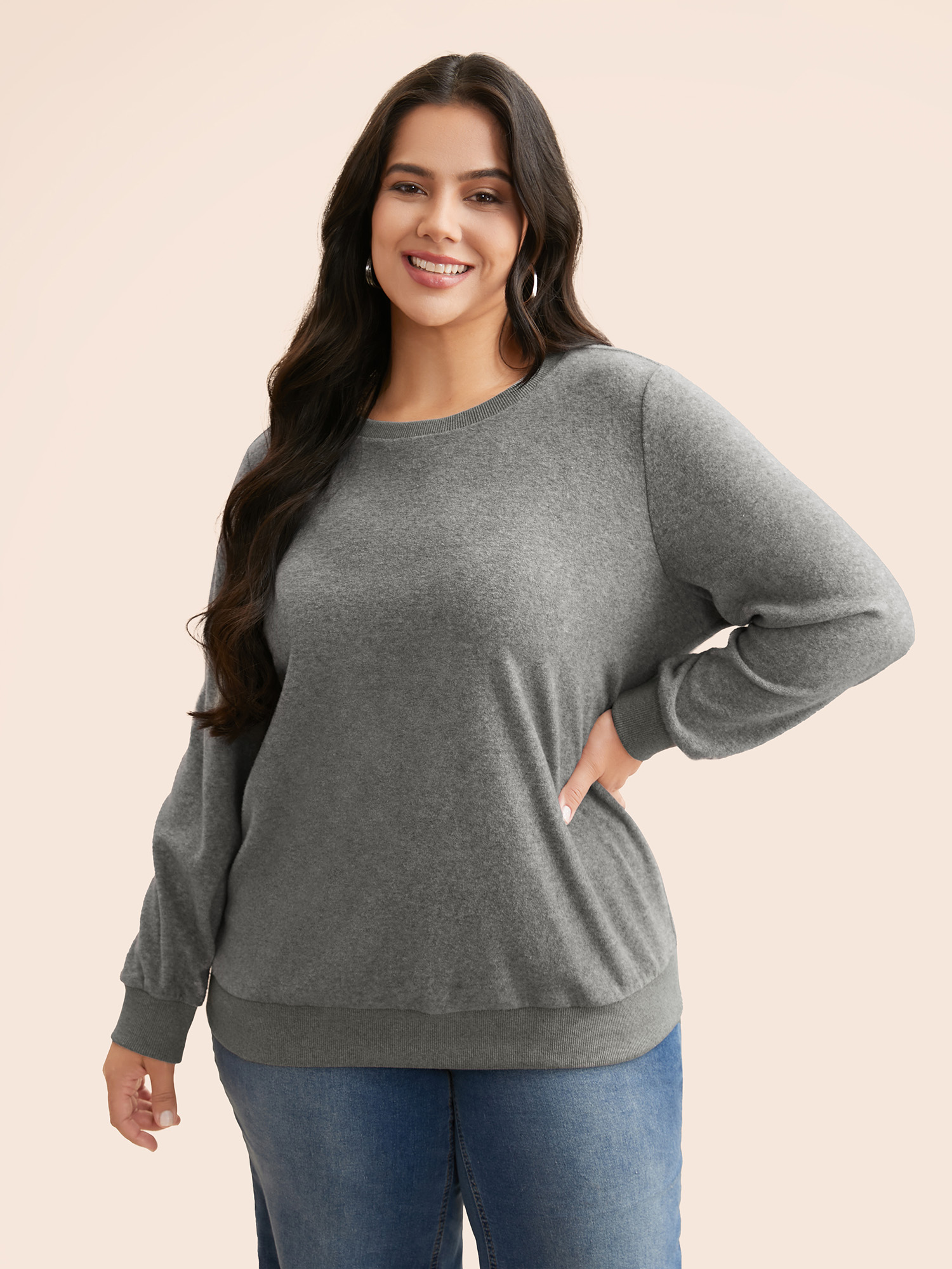 

Plus Size Airy Cozy Crew Neck Sweatshirt Women Mediumgray Casual Patchwork Round Neck Everyday Sweatshirts BloomChic