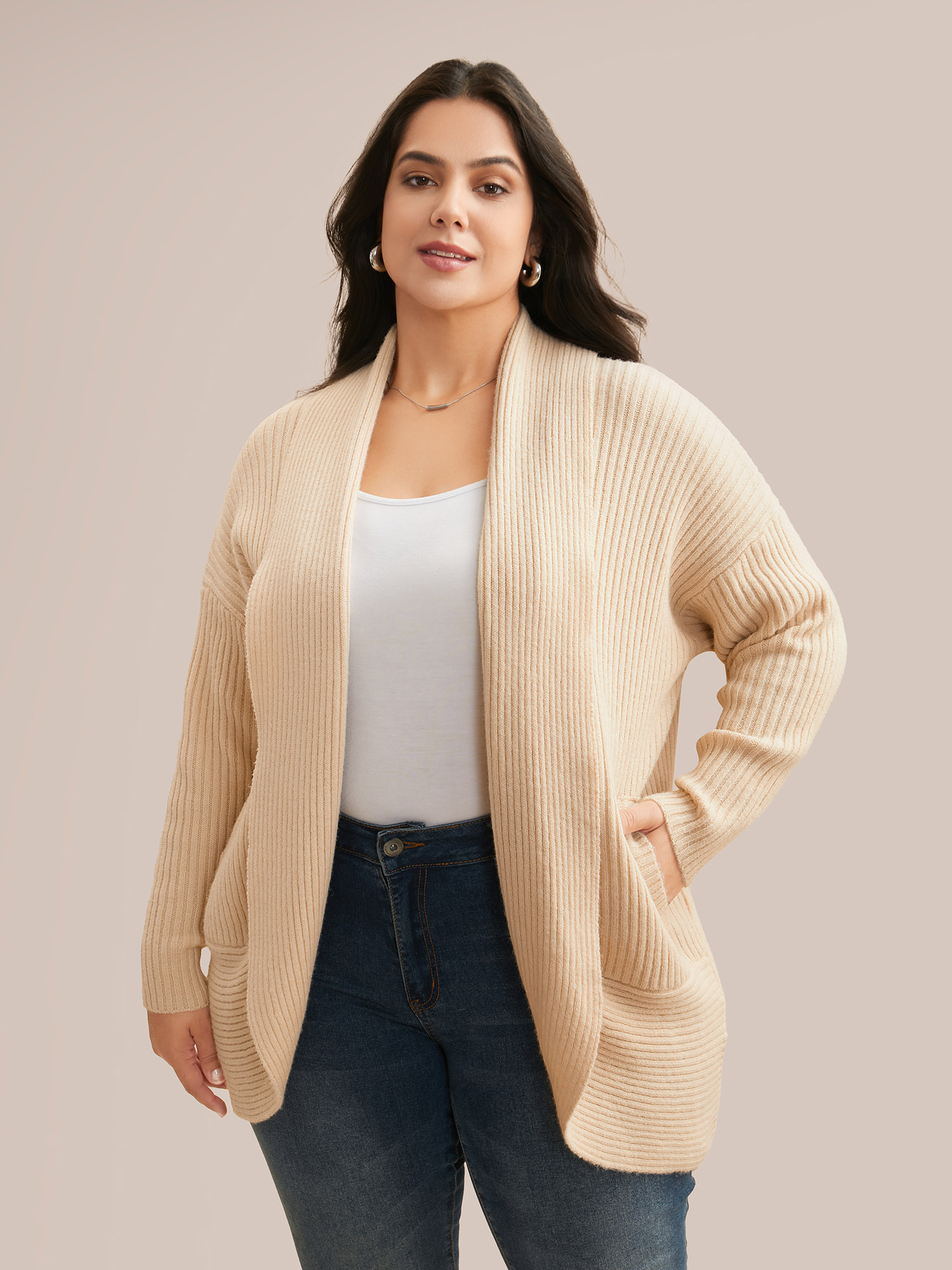 

Plus Size Airy Cozy Shawl Collar Open Cardigan LightBrown Women Basics Loose Long Sleeve Everyday Cardigans BloomChic