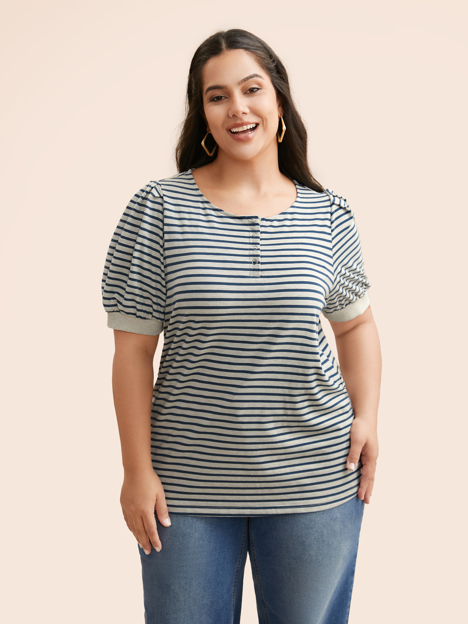 

Plus Size Striped Button Up Lantern Sleeve T-shirt Indigo Women Casual Gathered Round Neck Everyday T-shirts BloomChic