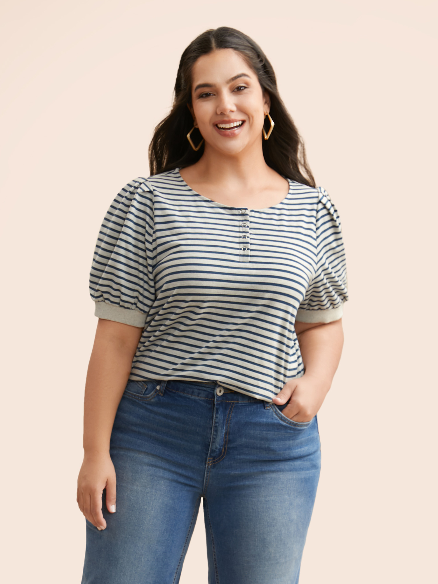 

Plus Size Striped Button Up Lantern Sleeve T-shirt Indigo Women Casual Gathered Round Neck Everyday T-shirts BloomChic