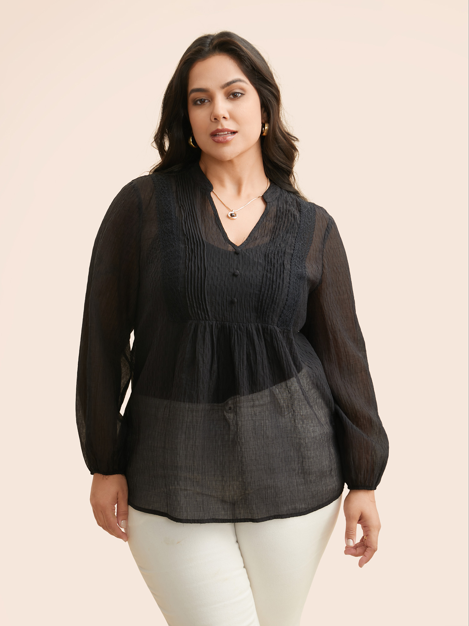 

Plus Size Black Textured Lace Panel Pleated Blouse Women Elegant Long Sleeve V-neck Everyday Blouses BloomChic