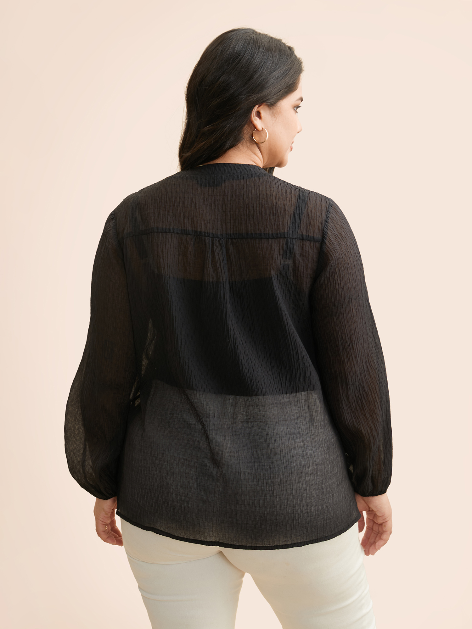 

Plus Size Black Textured Lace Panel Pleated Blouse Women Elegant Long Sleeve V-neck Everyday Blouses BloomChic