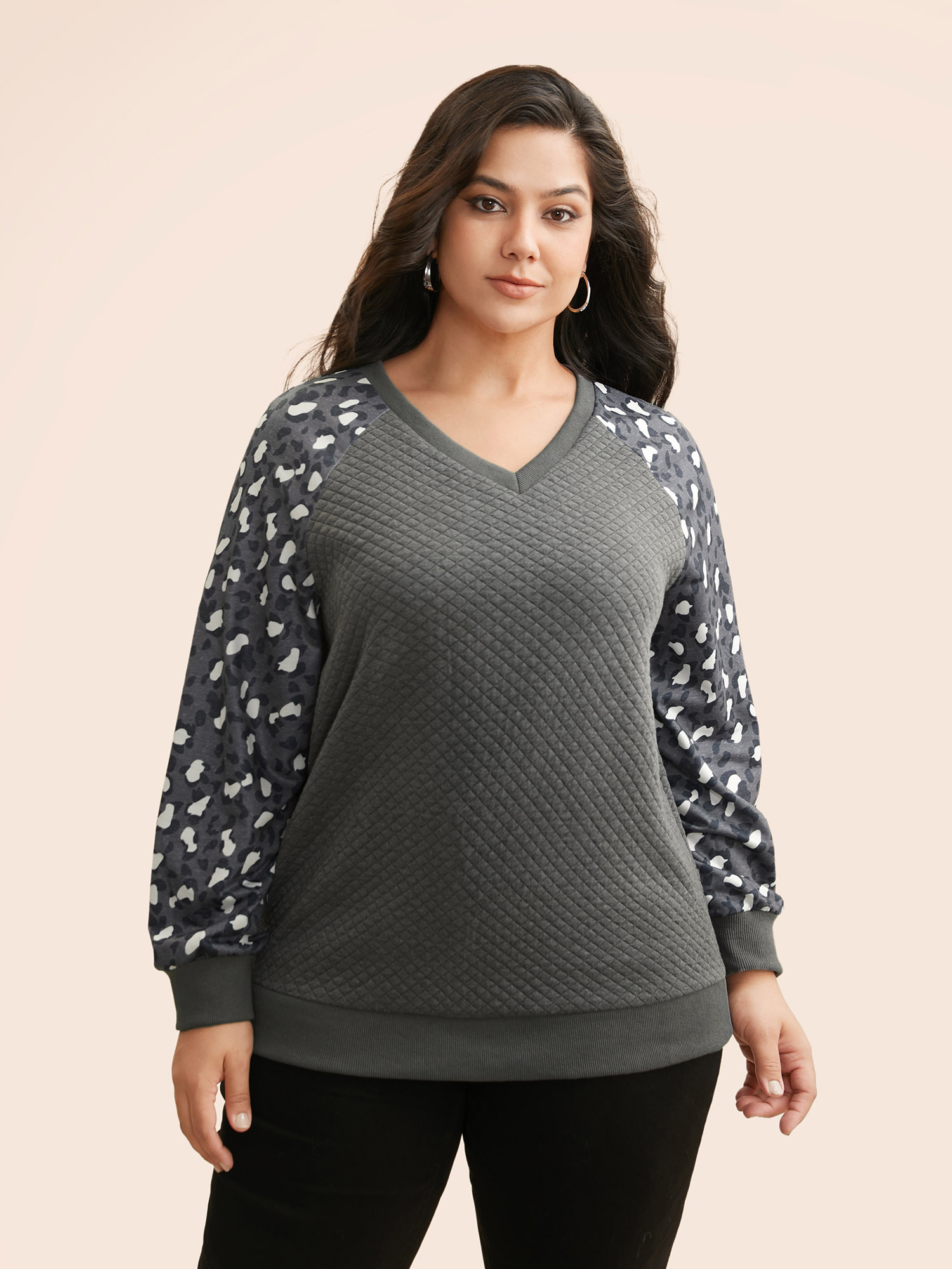 

Plus Size Leopard Print Patchwork Raglan Sleeve Sweatshirt Women DimGray Casual Texture Round Neck Everyday Sweatshirts BloomChic