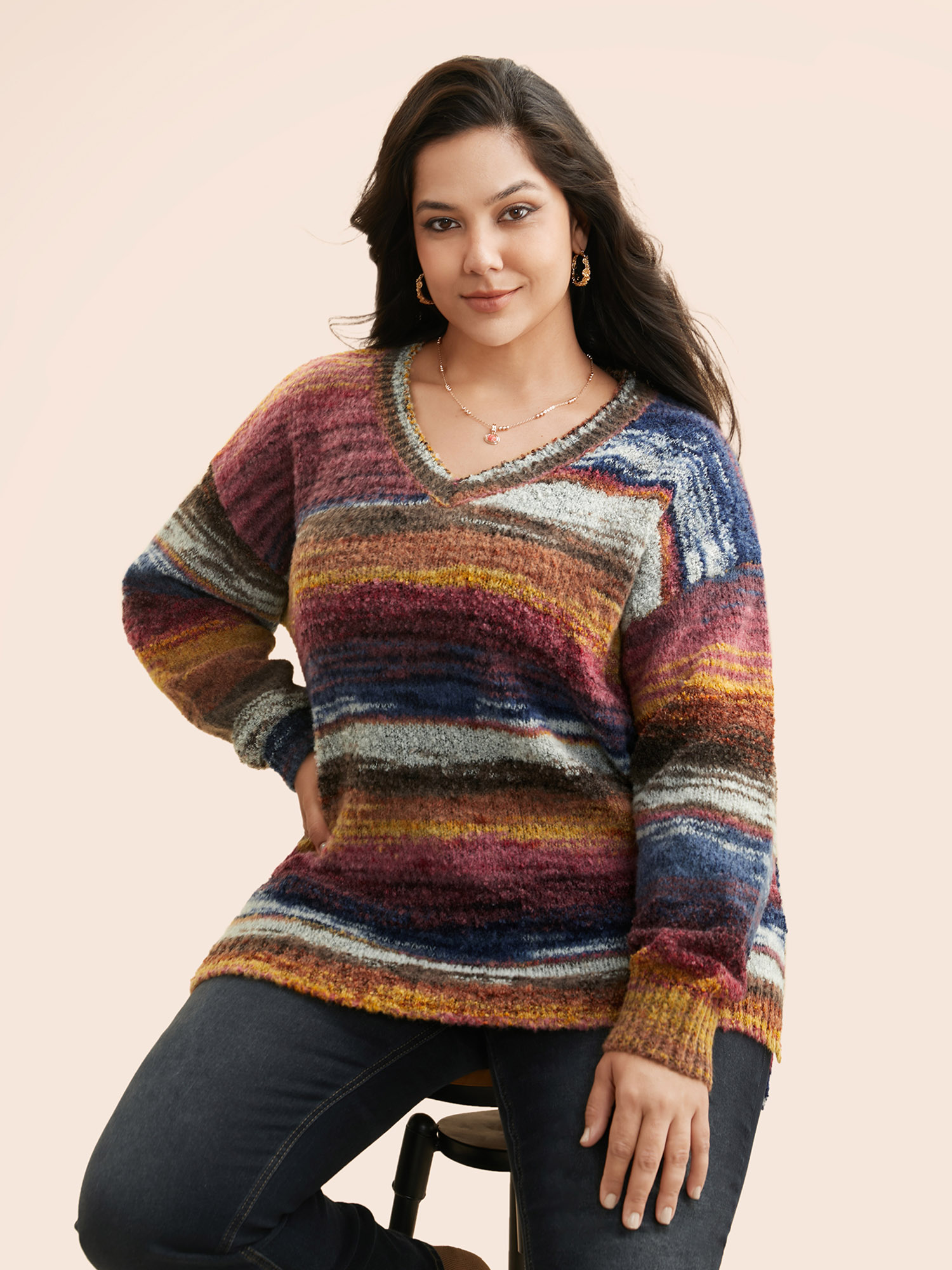 

Plus Size Ombre Contrast Slit Hem Pullover Multicolor Women Casual Loose Long Sleeve V-neck Everyday Pullovers BloomChic