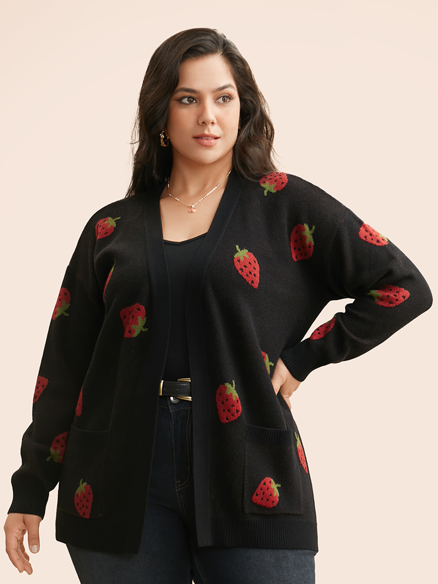 

Plus Size Strawberry Jacquard Patch Pocket Cardigan Black Women Casual Loose Long Sleeve Everyday Cardigans BloomChic