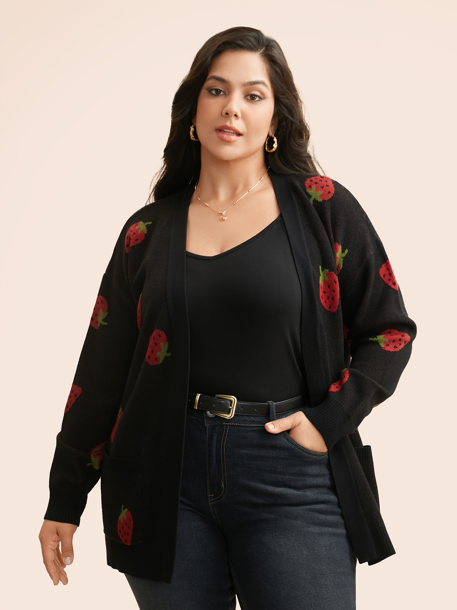 

Plus Size Strawberry Jacquard Patch Pocket Cardigan Black Women Casual Loose Long Sleeve Everyday Cardigans BloomChic