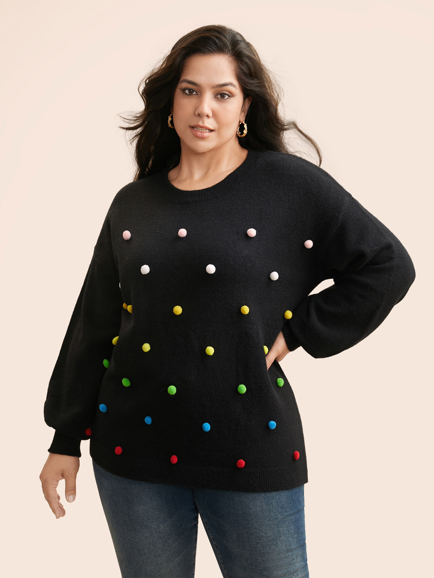 

Plus Size Colored Fluffy Ball Drop Shoulder Pullover Black Women Casual Loose Long Sleeve Round Neck Everyday Pullovers BloomChic