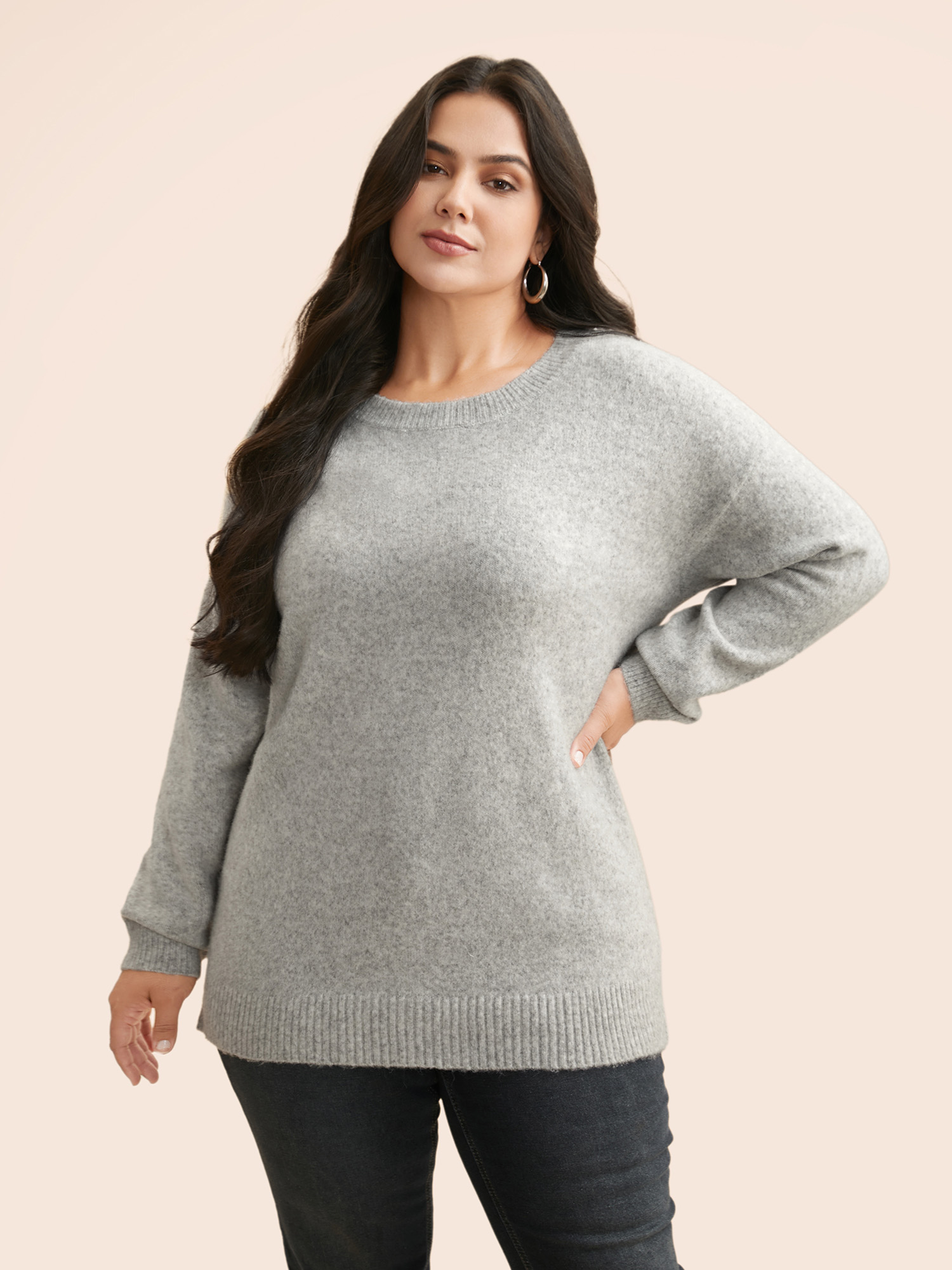 

Plus Size Airy Cozy Drop Shoulder Crew Pullover LightGray Women Casual Long Sleeve Round Neck Everyday Pullovers BloomChic