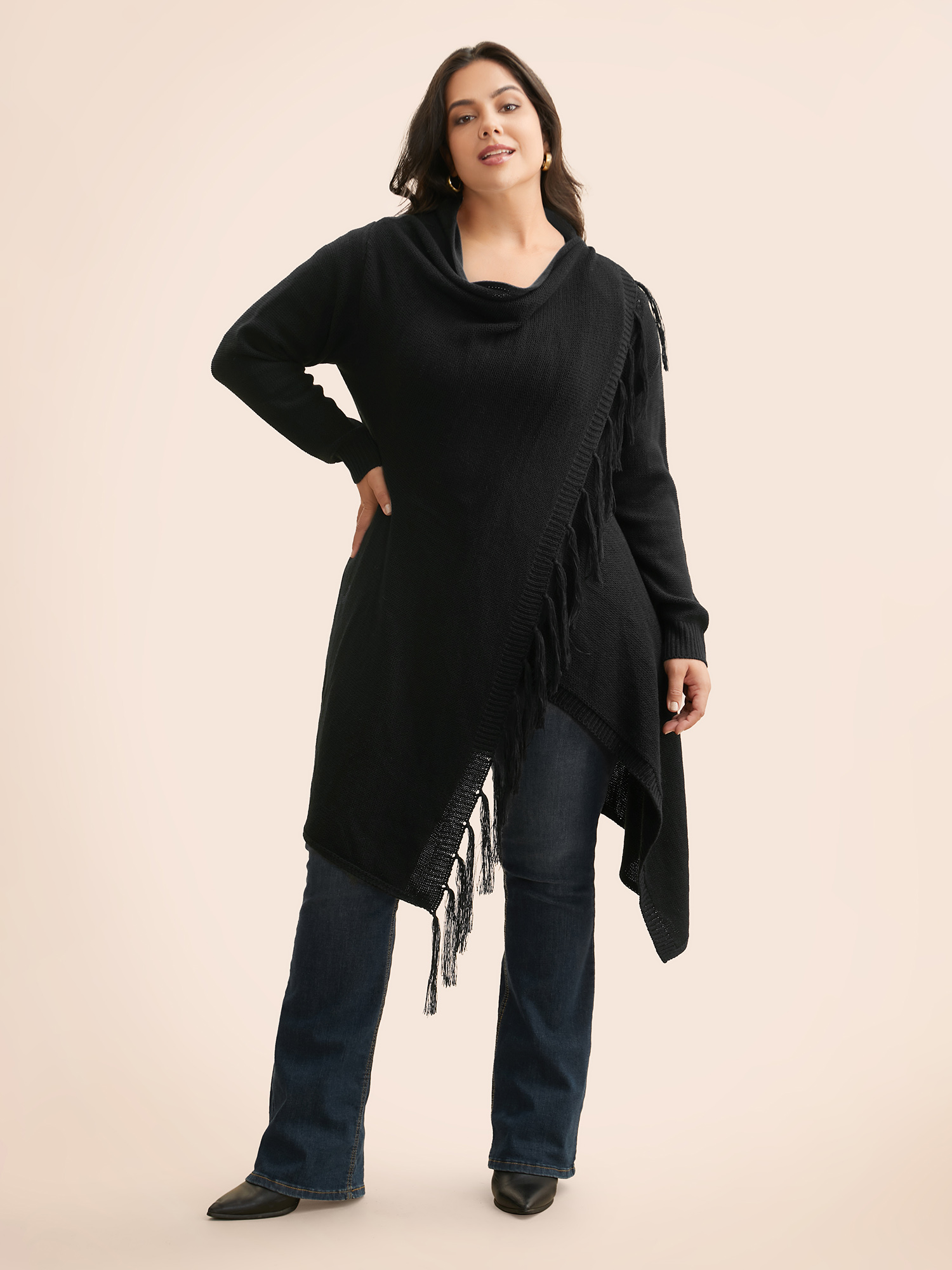 

Plus Size Texture Tassel Trim Asymmetrical Hem Cardigan Black Women Casual Loose Long Sleeve Everyday Cardigans BloomChic