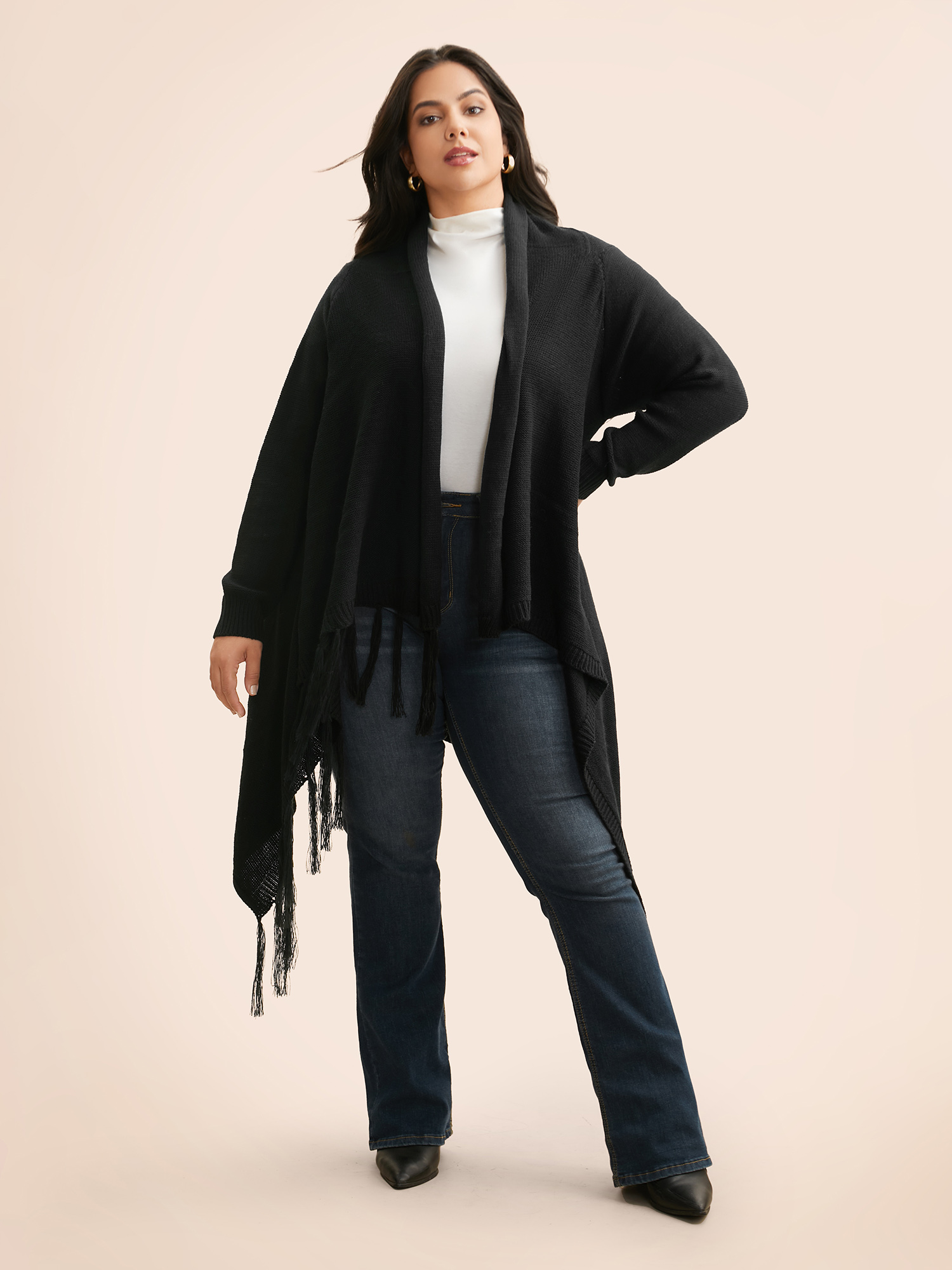 

Plus Size Texture Tassel Trim Asymmetrical Hem Cardigan Black Women Casual Loose Long Sleeve Everyday Cardigans BloomChic