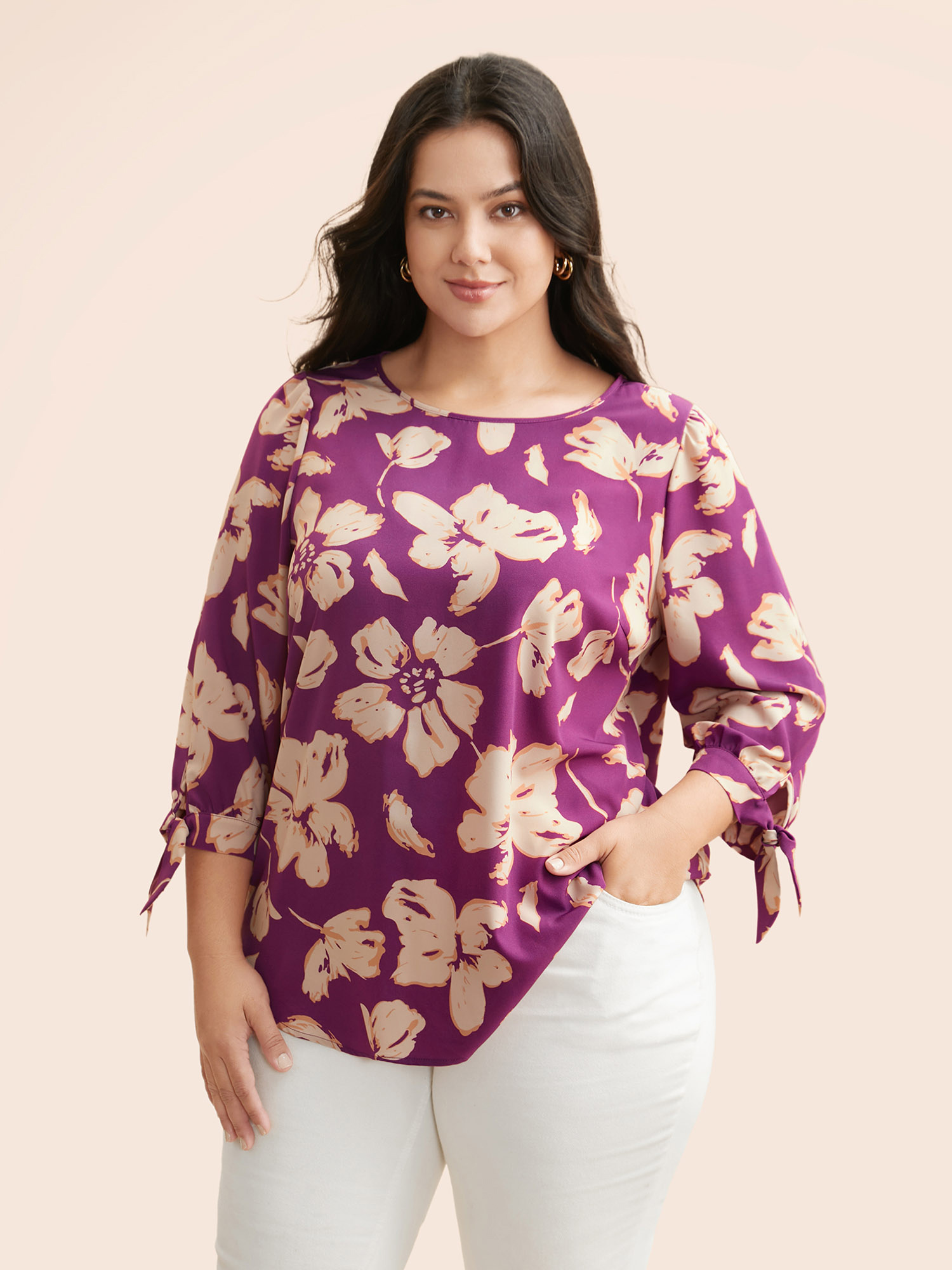 

Plus Size Lilac V Neck Tie Knot Gathered Blouse Women Elegant Elbow-length sleeve Round Neck Everyday Blouses BloomChic