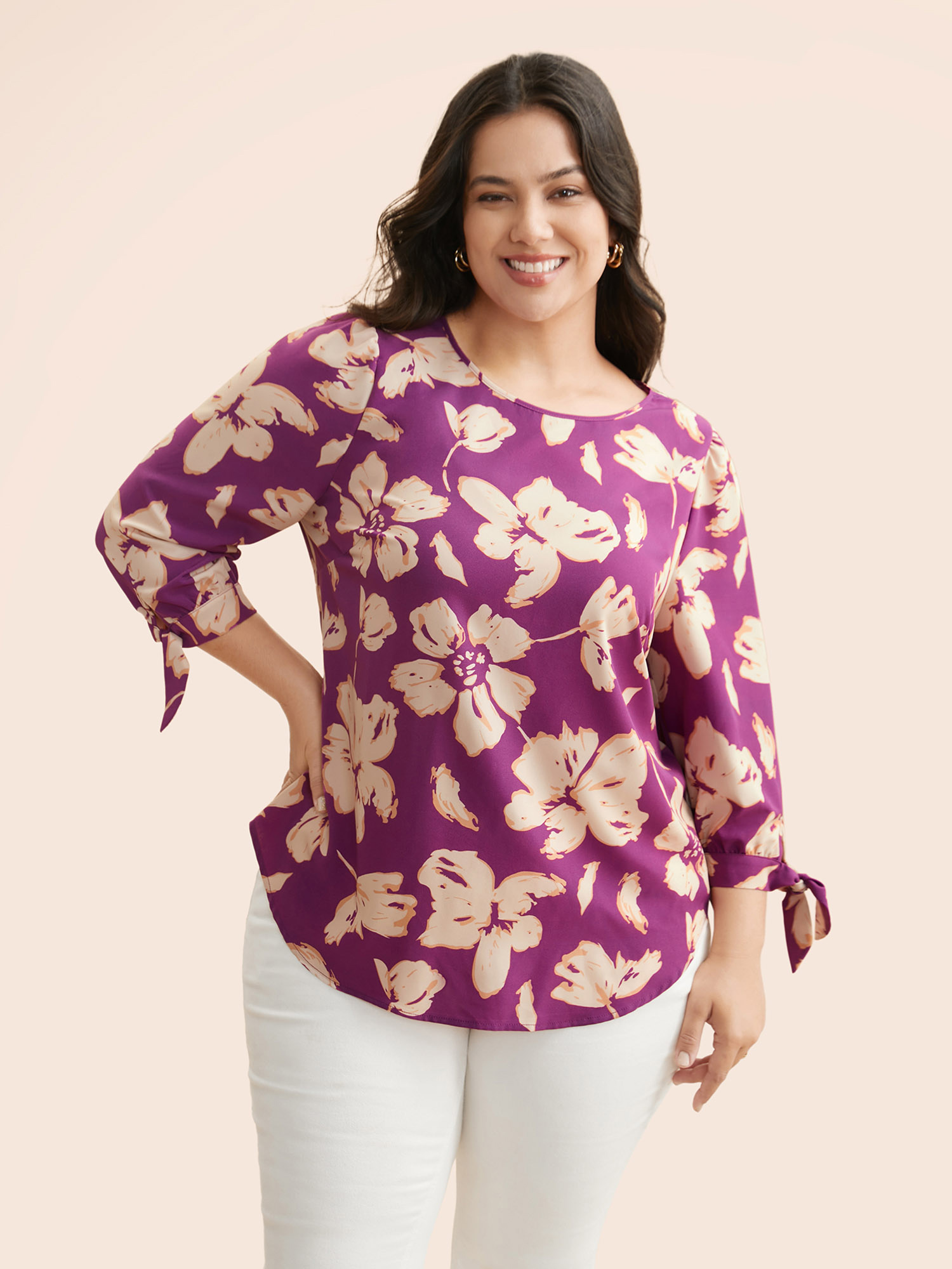 

Plus Size Lilac V Neck Tie Knot Gathered Blouse Women Elegant Elbow-length sleeve Round Neck Everyday Blouses BloomChic