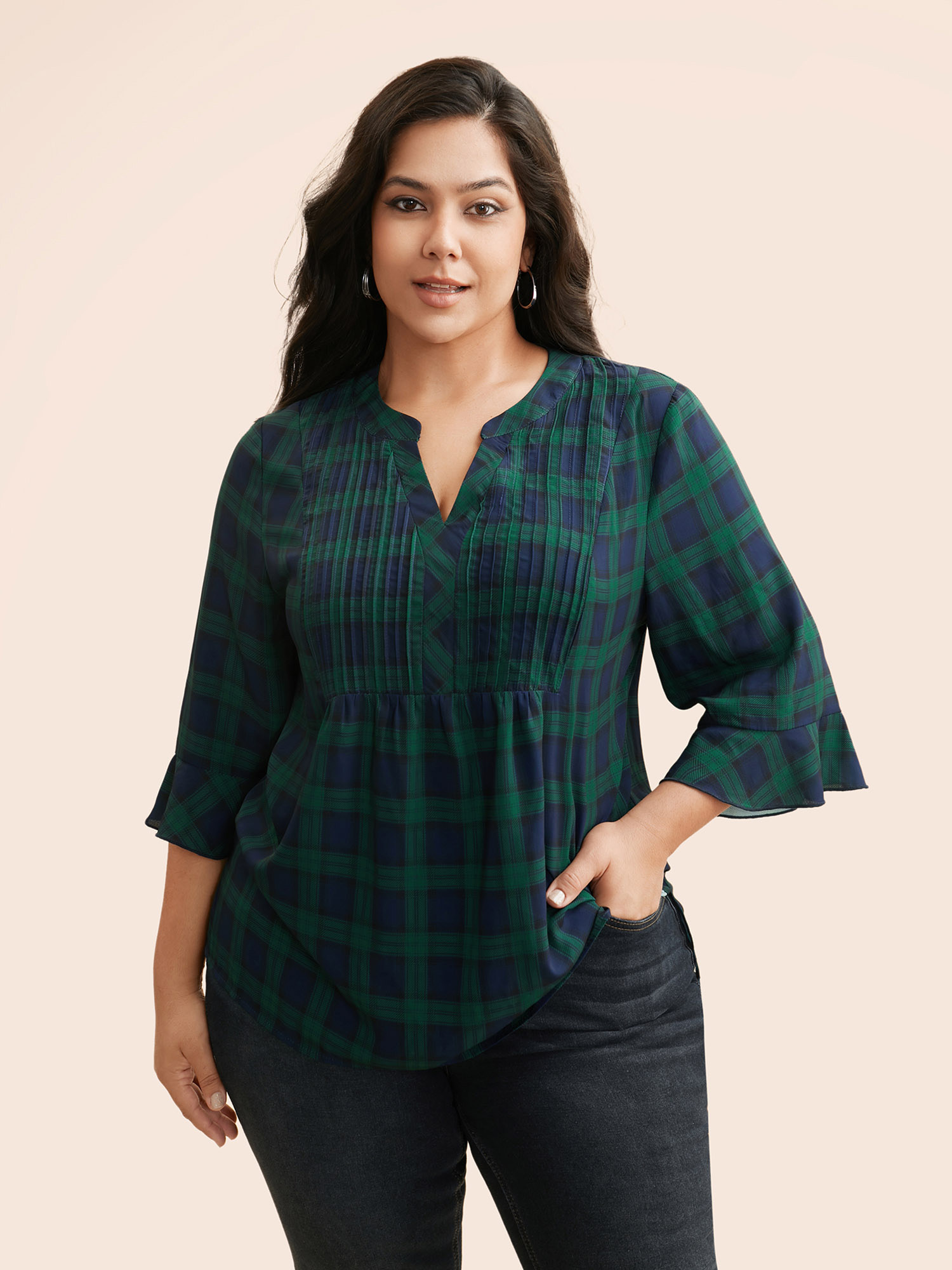 

Plus Size Indigo Notched Plaid Ruffles Pleated Blouse Women Casual Elbow-length sleeve Flat collar with V-notch Everyday Blouses BloomChic