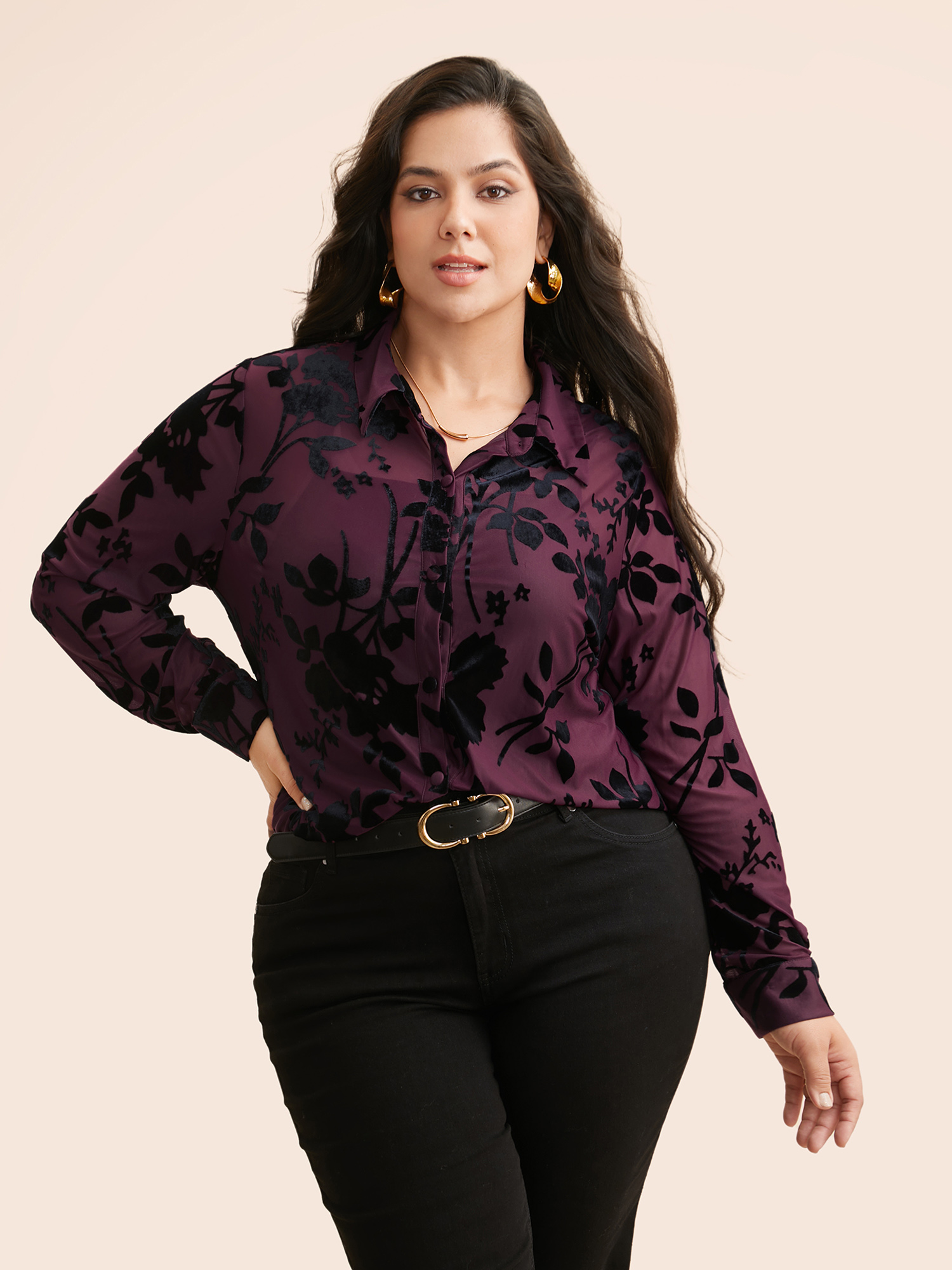 

Plus Size Silhouette Floral Print Flocking Gathered Shirt Burgundy Long Sleeve Shirt collar Casual Shirts