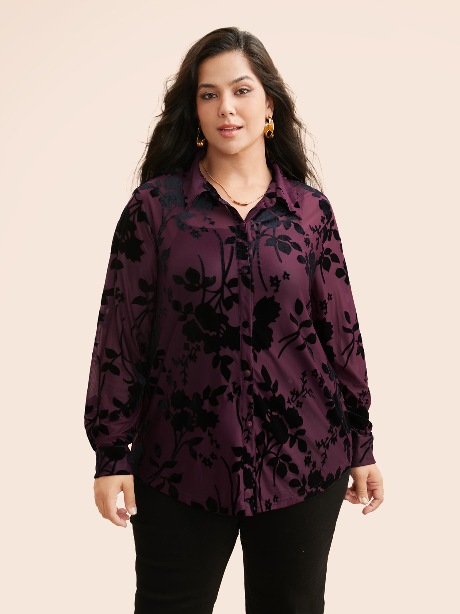 

Plus Size Silhouette Floral Print Flocking Gathered Shirt Burgundy Long Sleeve Shirt collar Casual Shirts