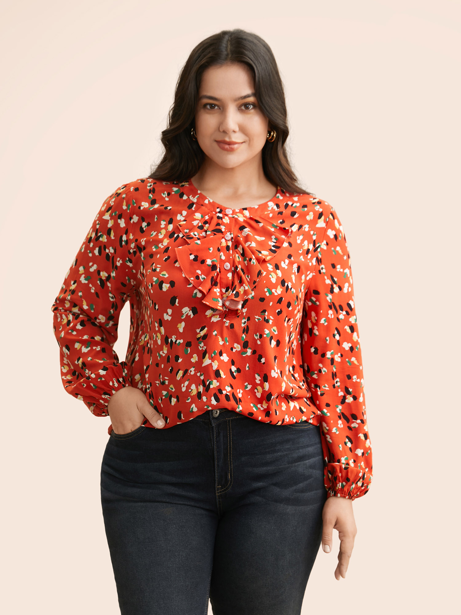 

Plus Size OrangeRed Leopard Print Ruffles Gathered Blouse Women Elegant Long Sleeve Round Neck Everyday Blouses BloomChic