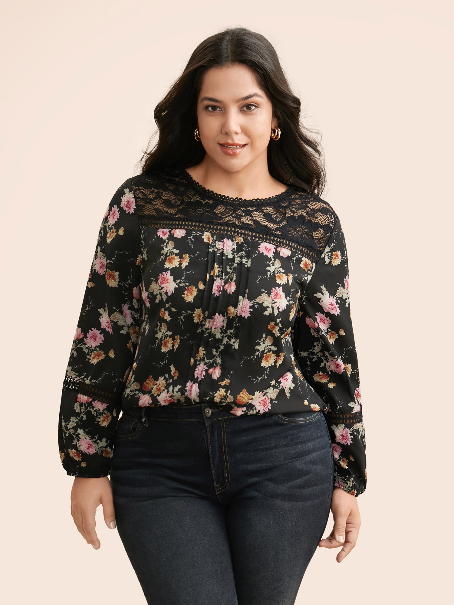 

Plus Size Black Floral Lace Panel Lantern Sleeve Blouse Women Elegant Long Sleeve Round Neck Everyday Blouses BloomChic