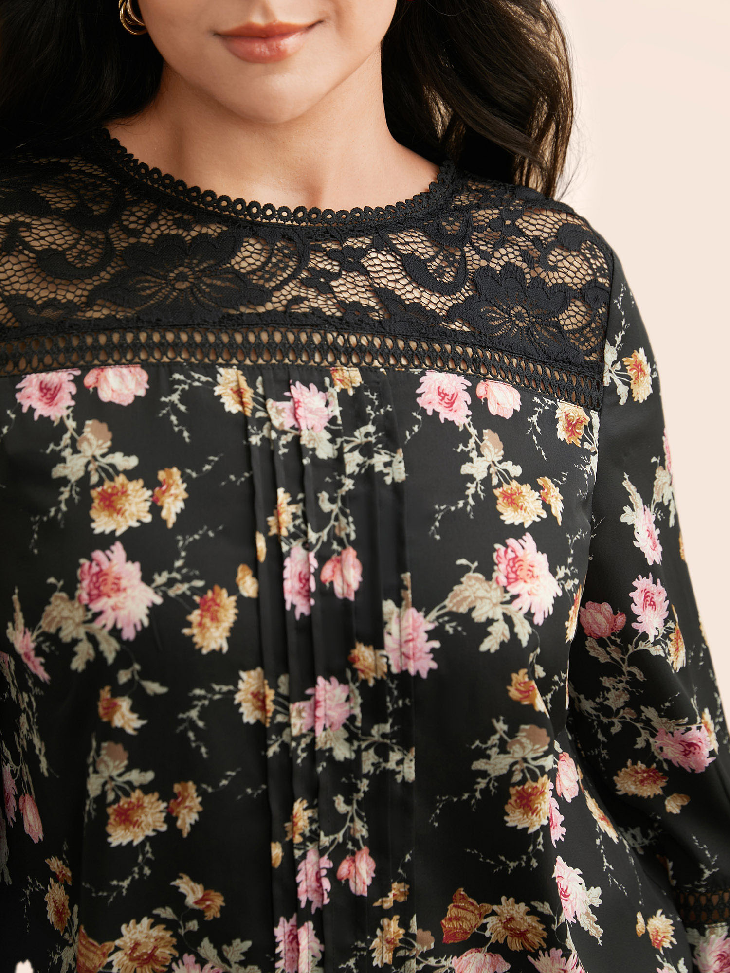 Plus Size Black Floral Lace Panel Lantern Sleeve Blouse Women Elegant Long Sleeve Round Neck Everyday Blouses BloomChic 26/4X 