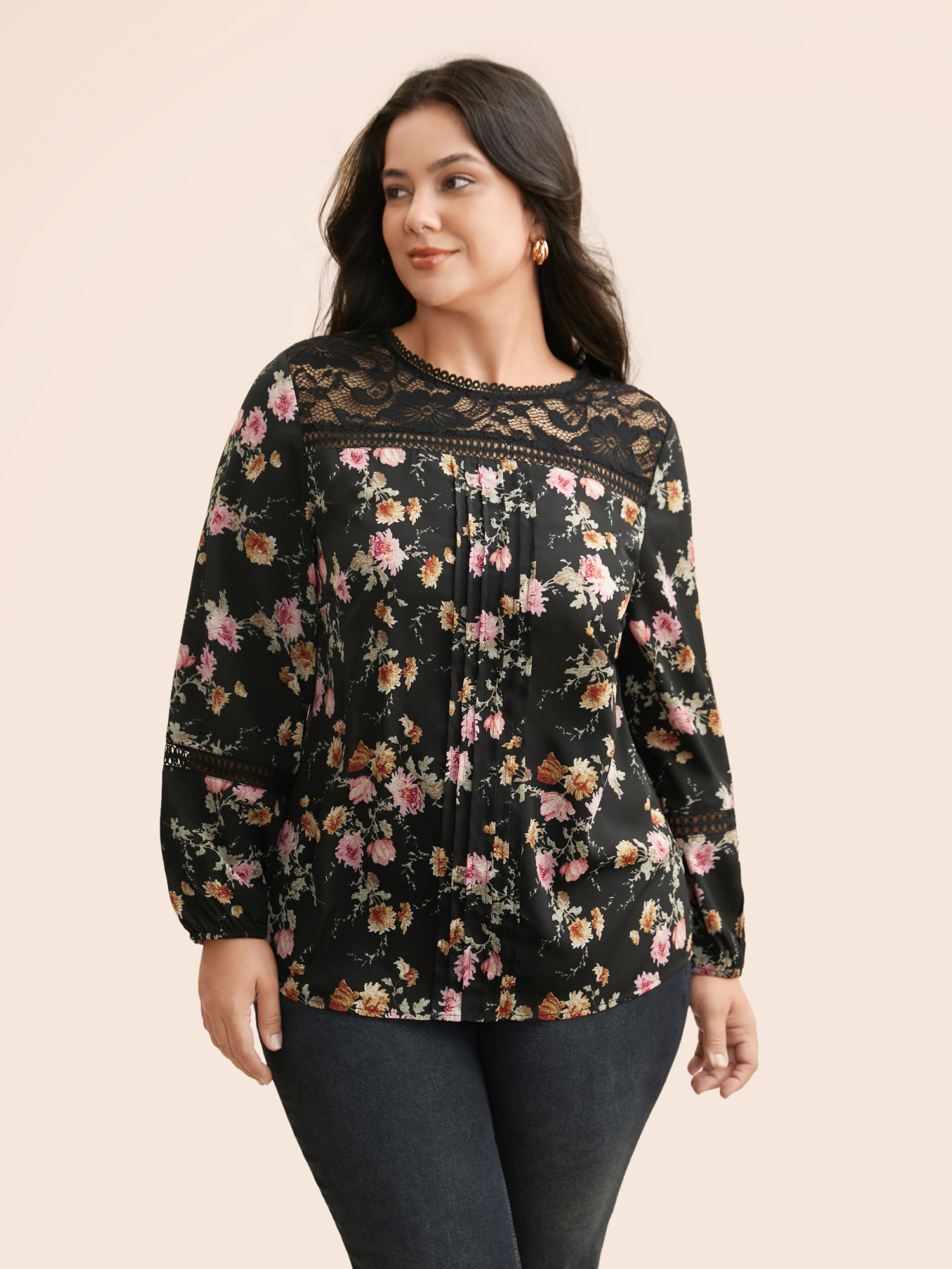Plus Size Black Floral Lace Panel Lantern Sleeve Blouse Women Elegant Long Sleeve Round Neck Everyday Blouses BloomChic 26/4X 