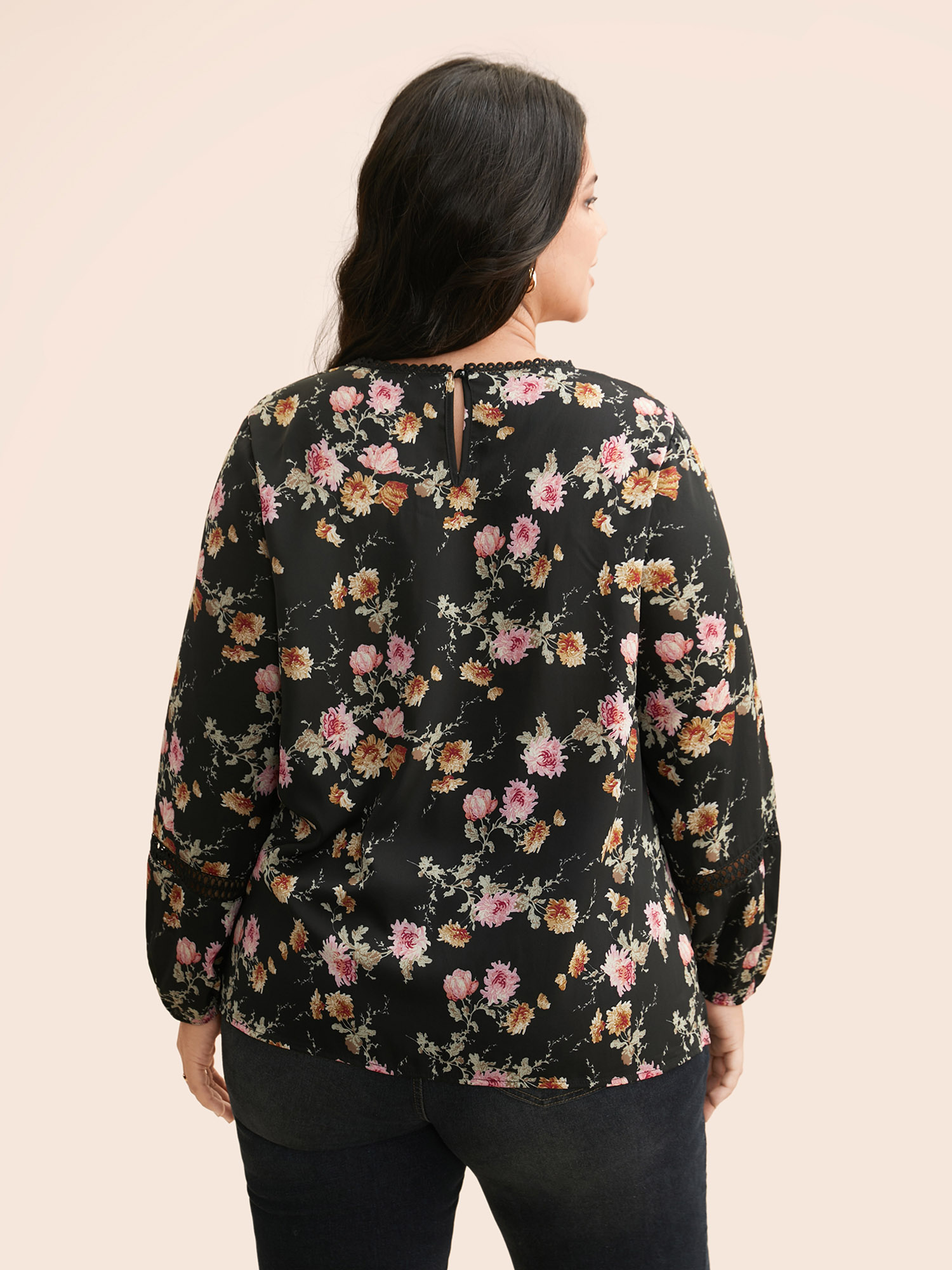 Plus Size Black Floral Lace Panel Lantern Sleeve Blouse Women Elegant Long Sleeve Round Neck Everyday Blouses BloomChic 26/4X 
