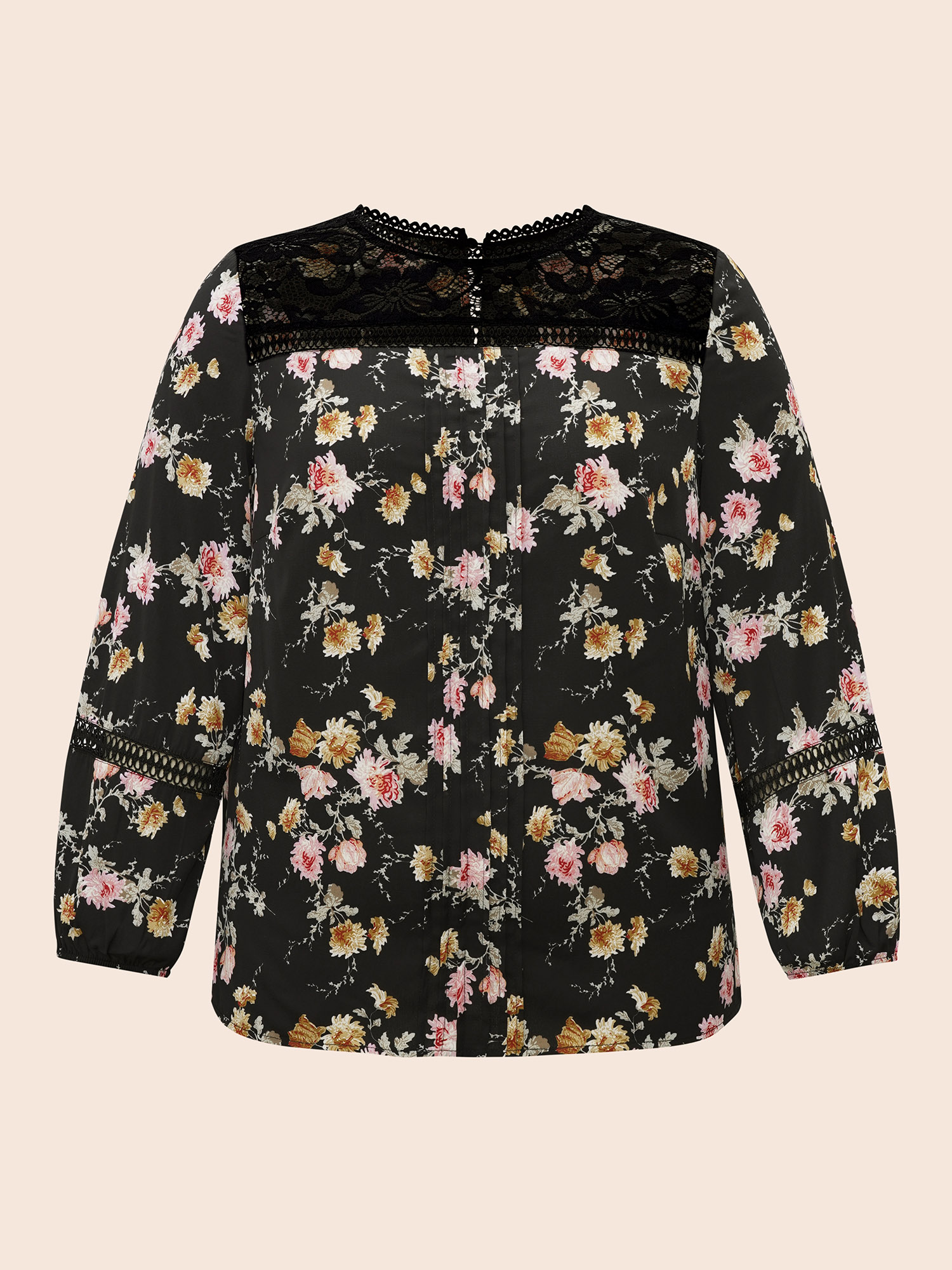 Plus Size Black Floral Lace Panel Lantern Sleeve Blouse Women Elegant Long Sleeve Round Neck Everyday Blouses BloomChic 26/4X 