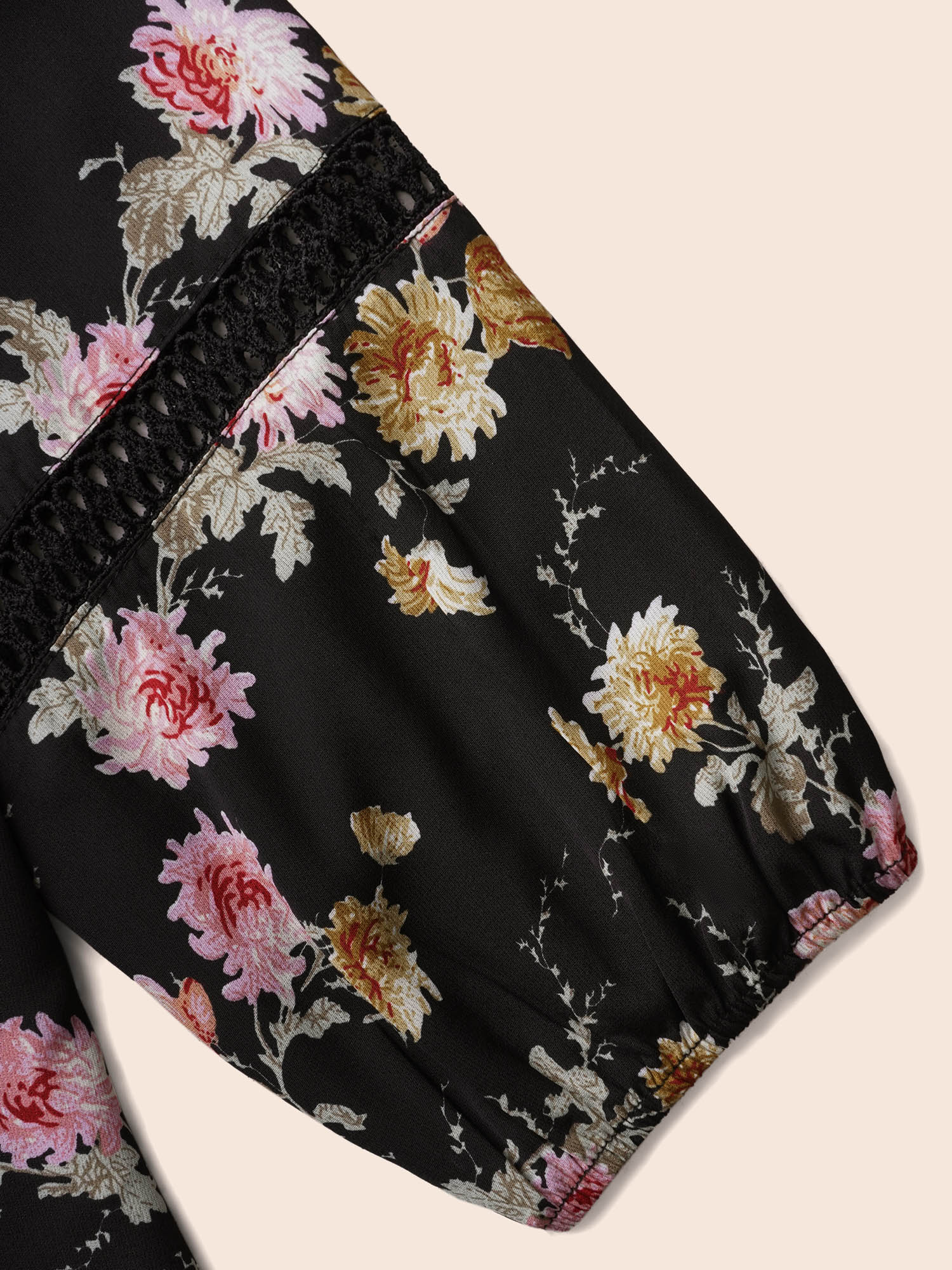 Plus Size Black Floral Lace Panel Lantern Sleeve Blouse Women Elegant Long Sleeve Round Neck Everyday Blouses BloomChic 26/4X 