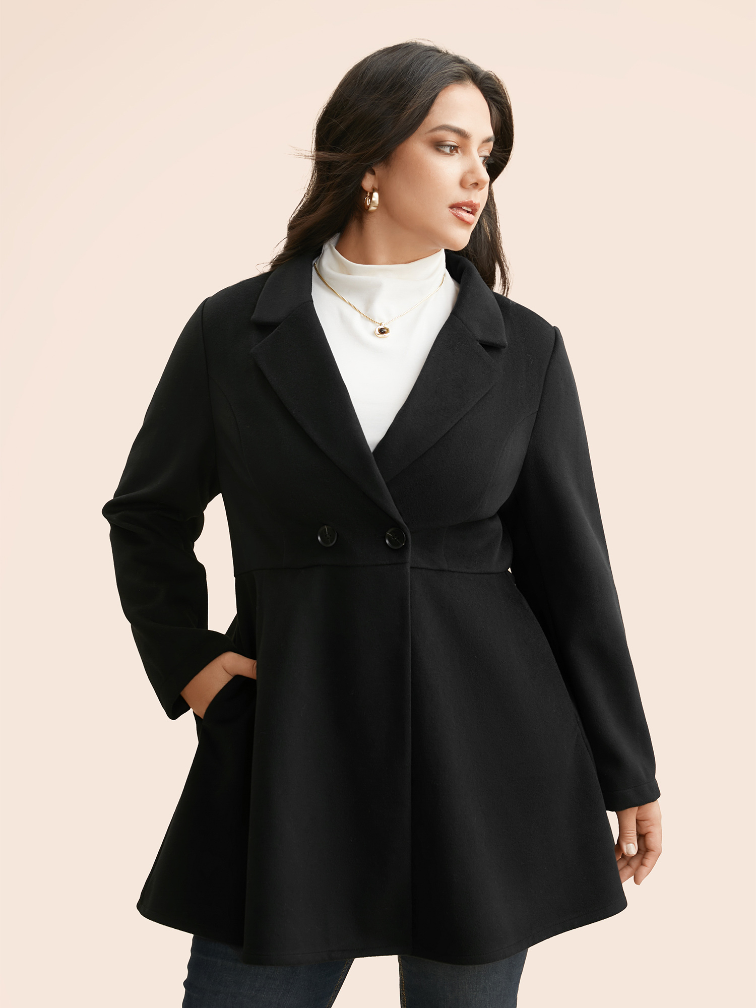 

Plus Size Suit Collar Button Up Slightly Stretchy Jacket Women Black Button Bodycon Side seam pocket Everyday Jackets BloomChic