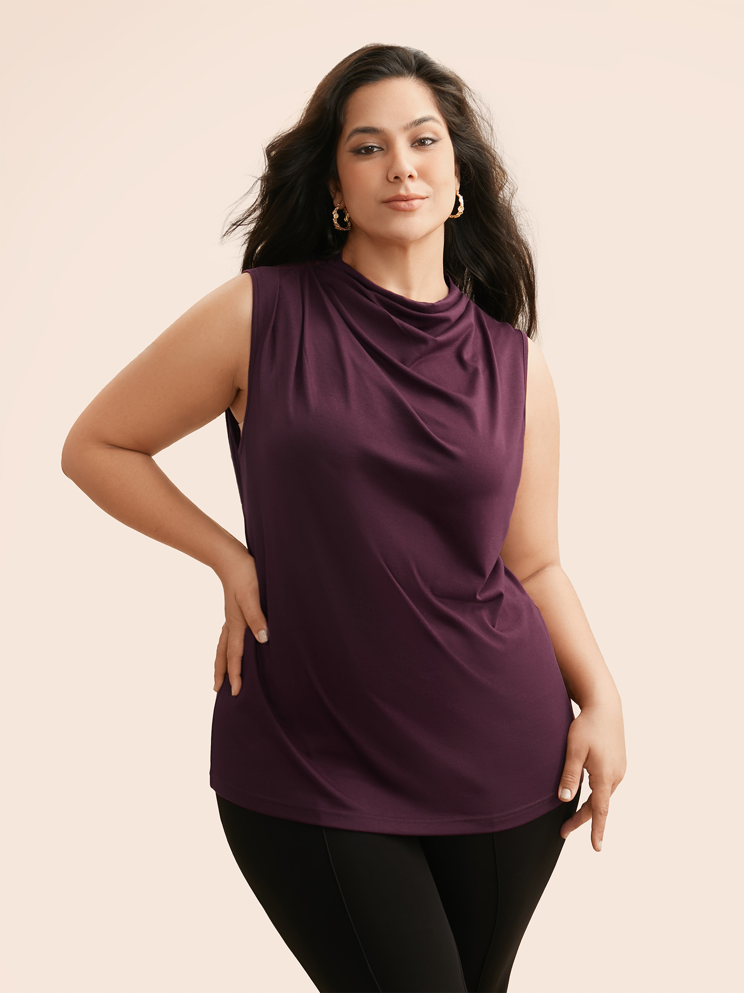 

Plus Size Solid Cowl Neck Pleated Tank Top Women Eggplant Elegant Gathered Cowl Neck Everyday Tank Tops Camis BloomChic