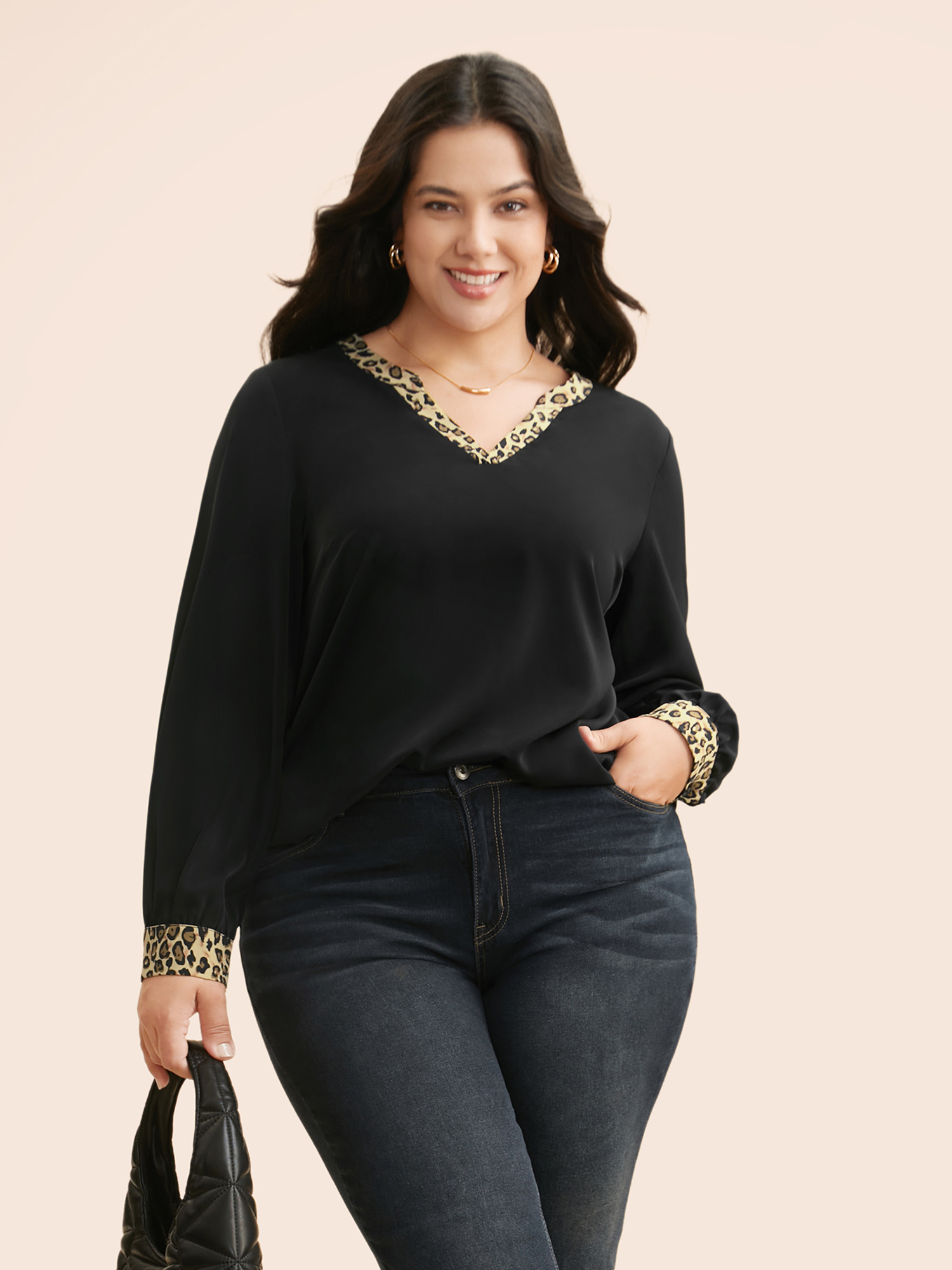 

Plus Size Black V Neck Leopard Print Patchwork Blouse Women At the Office Long Sleeve Notched collar Work Blouses BloomChic