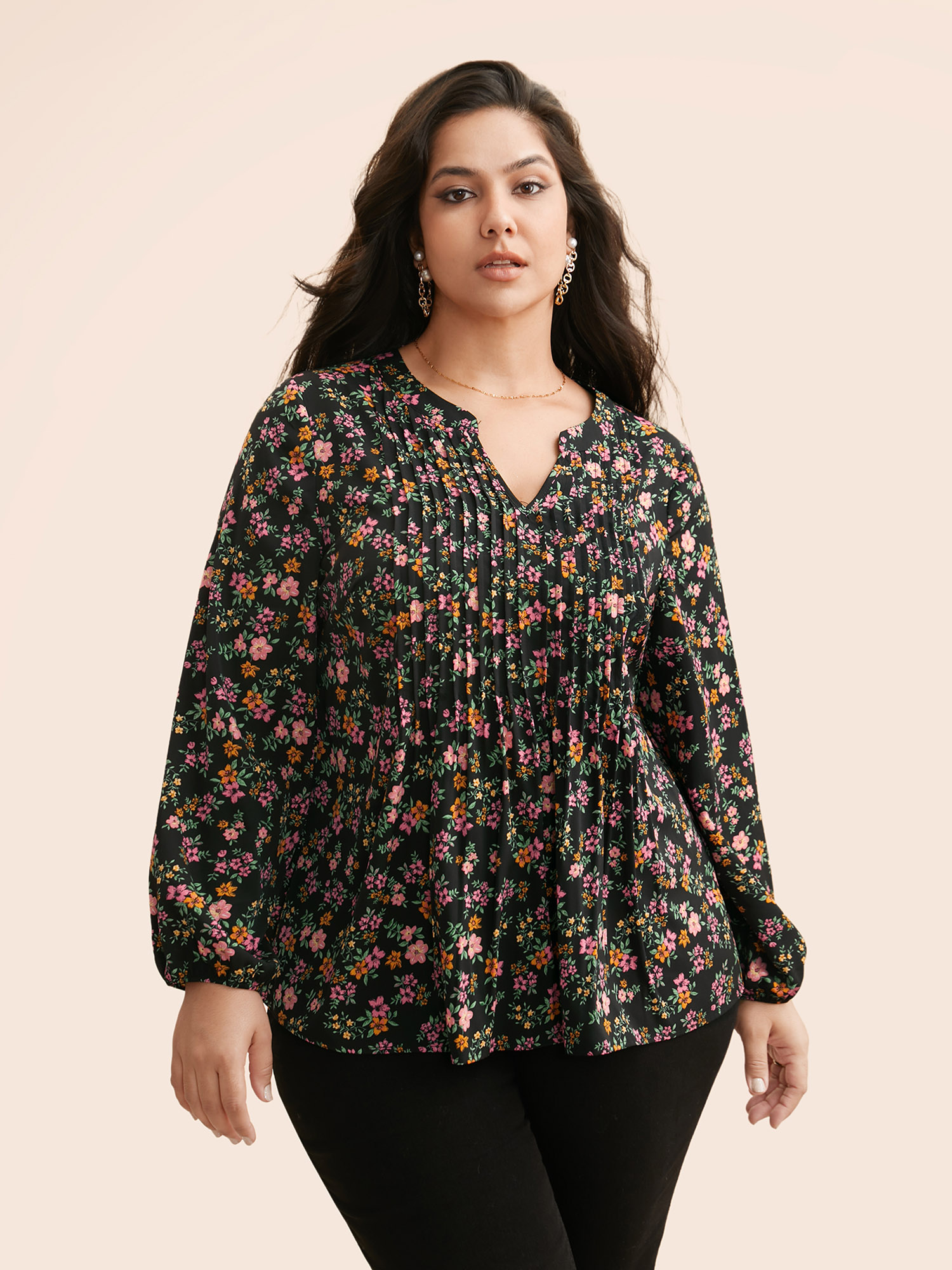 

Plus Size Black Notched Collar Ditsy Floral Pleated Blouse Women Elegant Long Sleeve Notched collar Everyday Blouses BloomChic