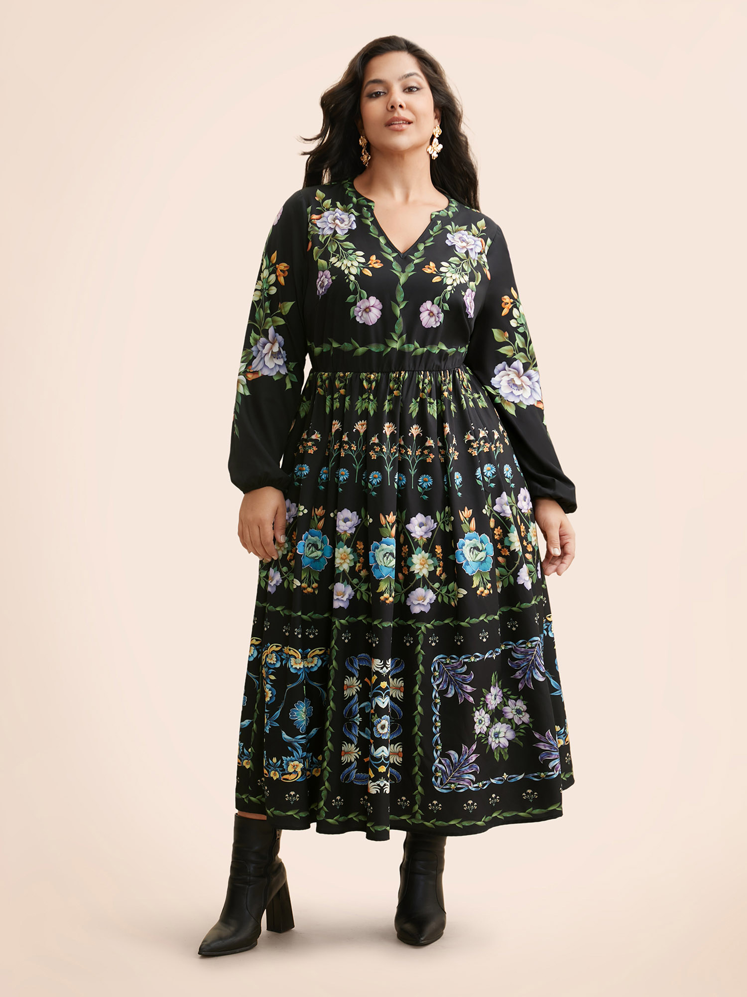 

Plus Size Floral Notched Collar Lantern Sleeve Dress Black Women Resort Non Notched collar Long Sleeve Curvy BloomChic