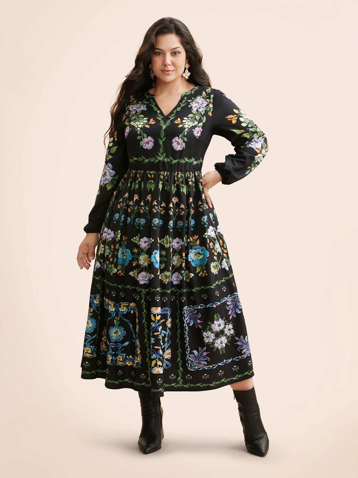 

Plus Size Floral Notched Collar Lantern Sleeve Dress Black Women Resort Non Notched collar Long Sleeve Curvy BloomChic