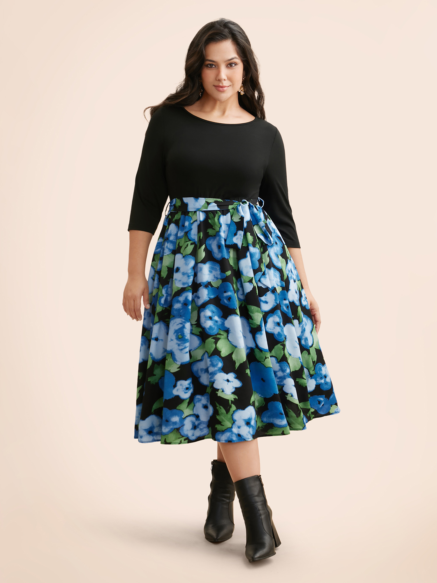 

Plus Size Round Neck Floral Patchwork Belted Dress Black Women Elegant Belted Round Neck Elbow-length sleeve Curvy BloomChic