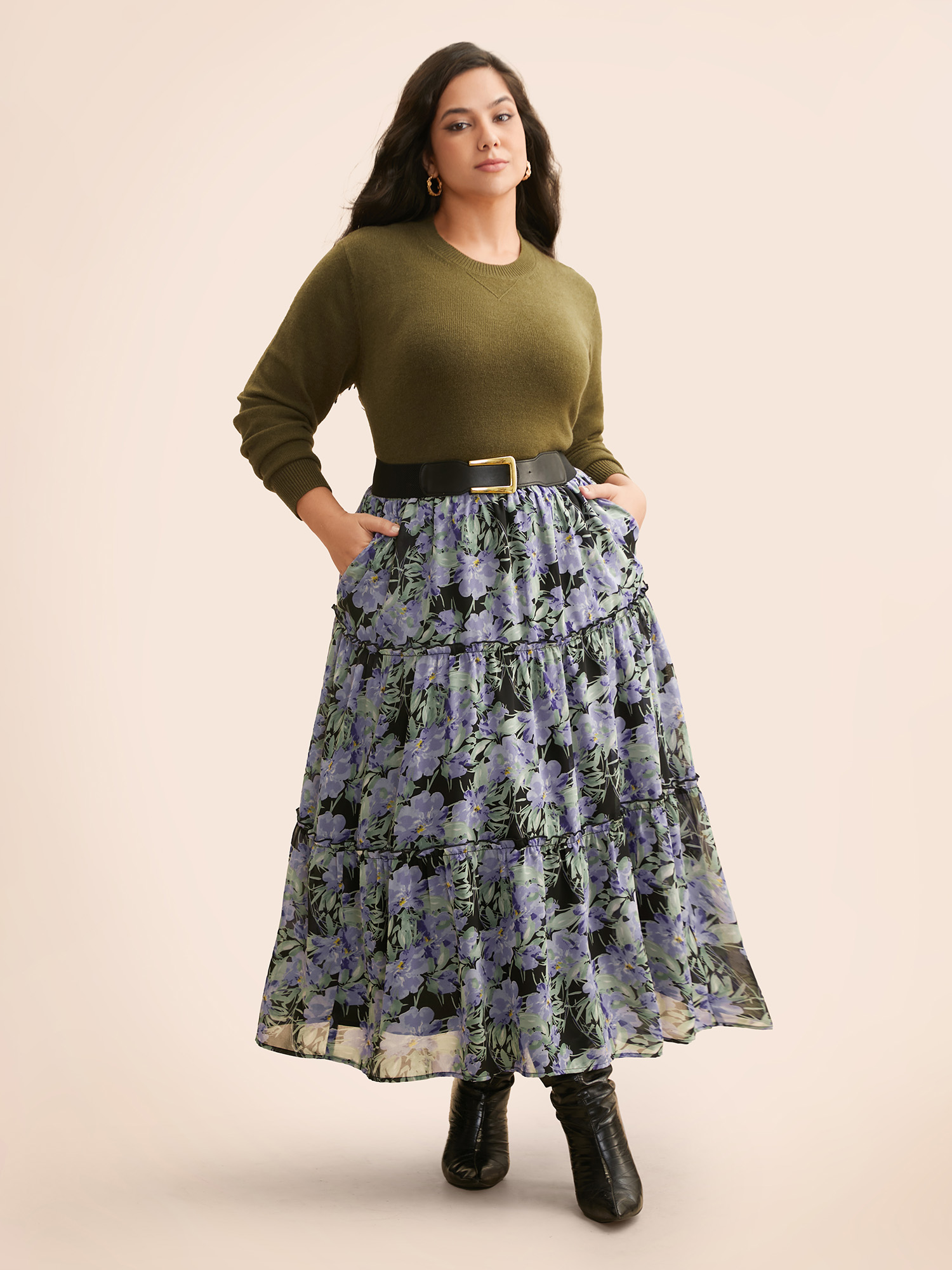 Plus Size Floral Ruffle Layered Hem Skirt Women BlackFlower Elegant No stretch Slanted pocket Everyday Skirts BloomChic 26/4X 