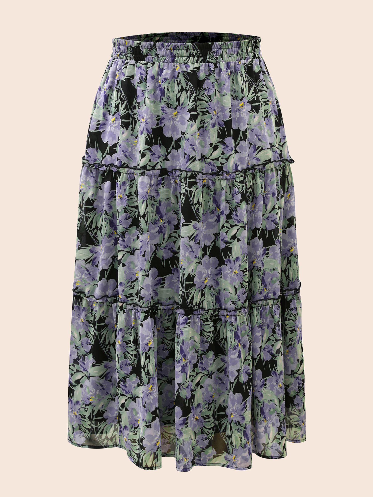 Plus Size Floral Ruffle Layered Hem Skirt Women BlackFlower Elegant No stretch Slanted pocket Everyday Skirts BloomChic 26/4X 