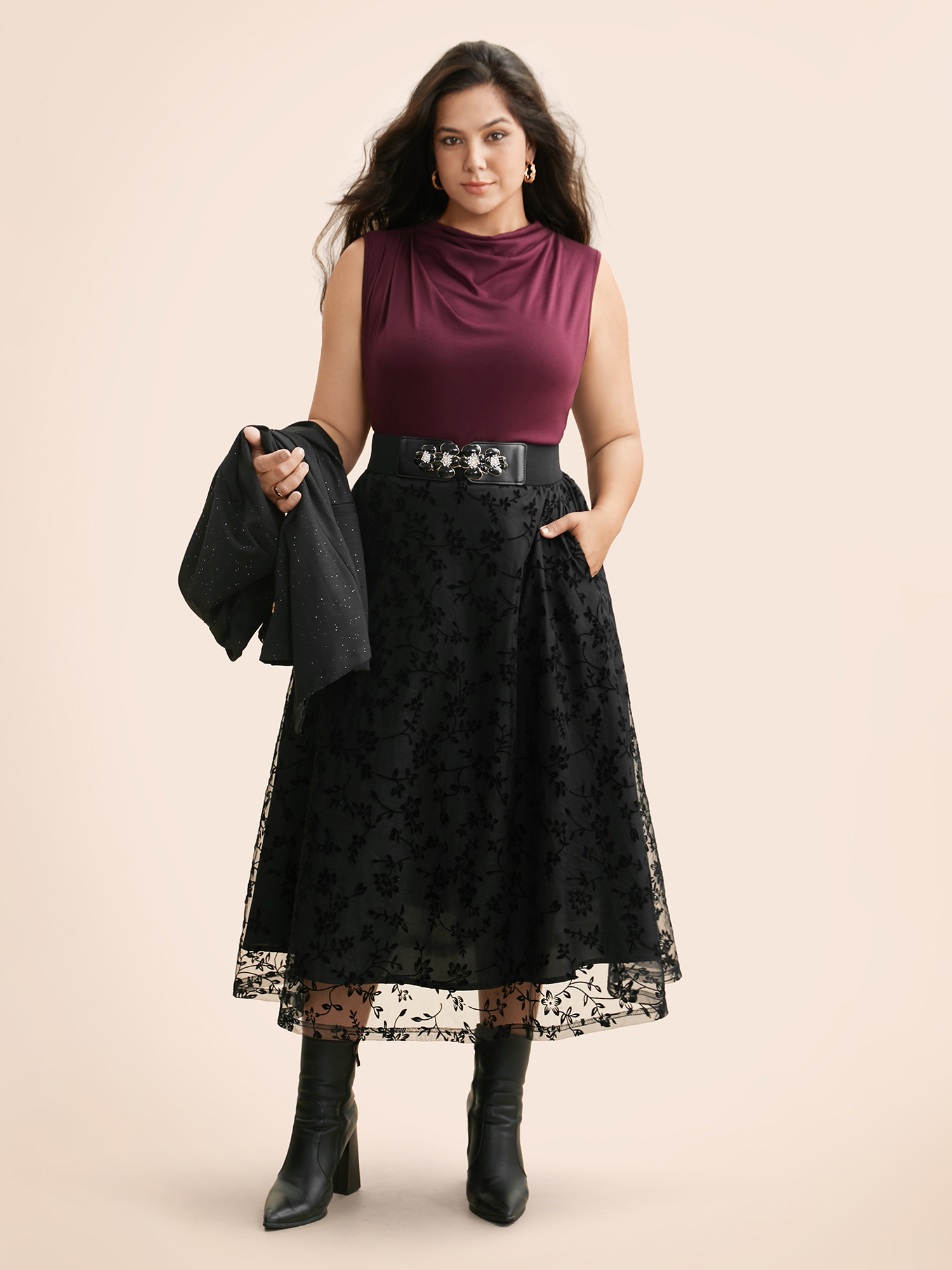 Plus Size Floral Embroidered Mesh Pocket Skirt Women Black Elegant No stretch Slanted pocket Everyday Skirts BloomChic 30/6X 