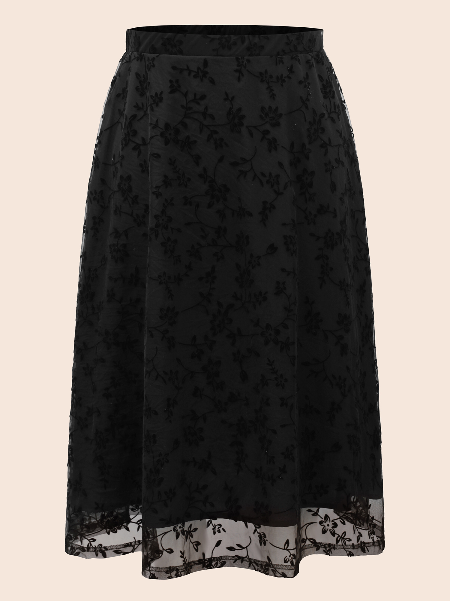 Plus Size Floral Embroidered Mesh Pocket Skirt Women Black Elegant No stretch Slanted pocket Everyday Skirts BloomChic 30/6X 
