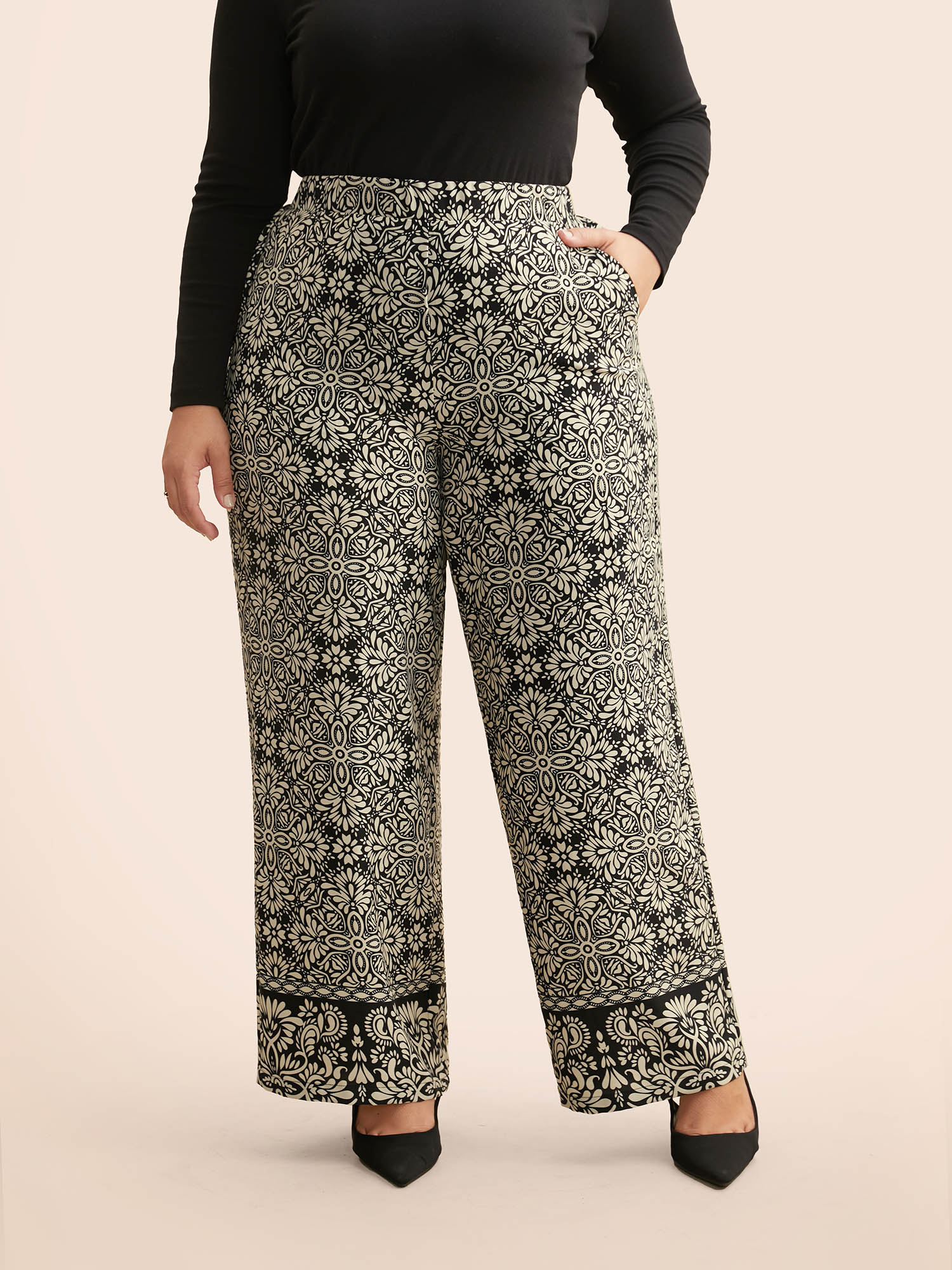 

Plus Size Mid Rise Boho Print Pocket Pants Women BlackFlower Elegant Wide Leg Mid Rise Everyday Pants BloomChic