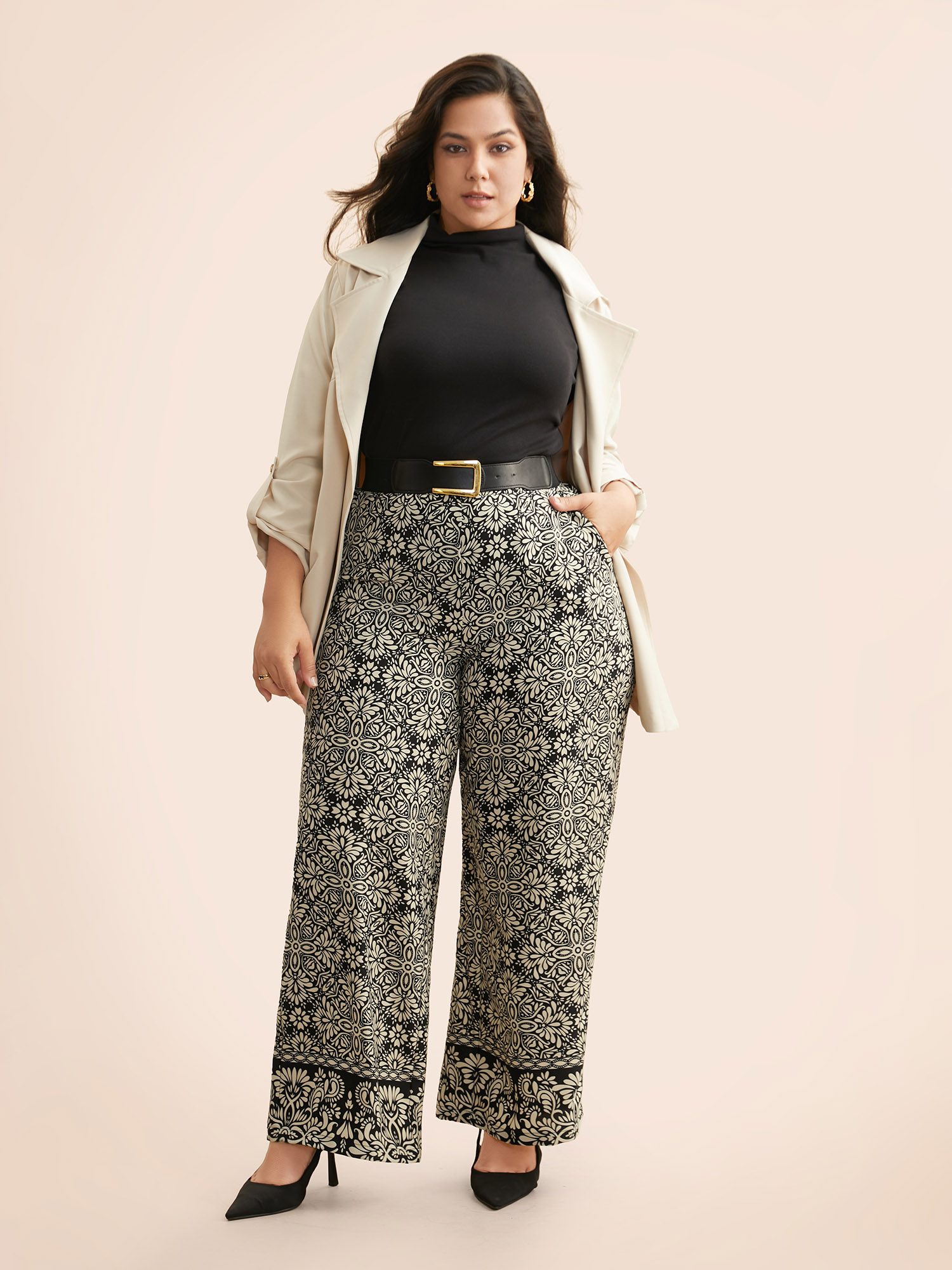 

Plus Size Mid Rise Boho Print Pocket Pants Women BlackFlower Elegant Wide Leg Mid Rise Everyday Pants BloomChic