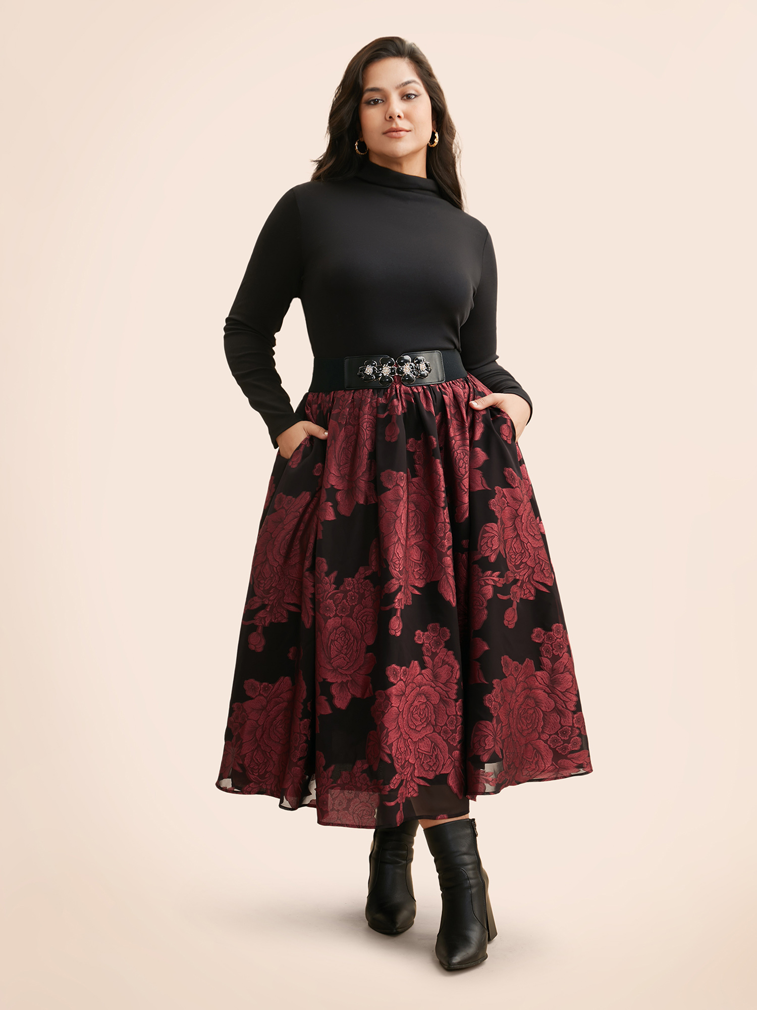 Plus Size Floral Elastic Waist Pocket Skirt Women Deepred Elegant No stretch Slanted pocket Everyday Skirts BloomChic 30/6X 