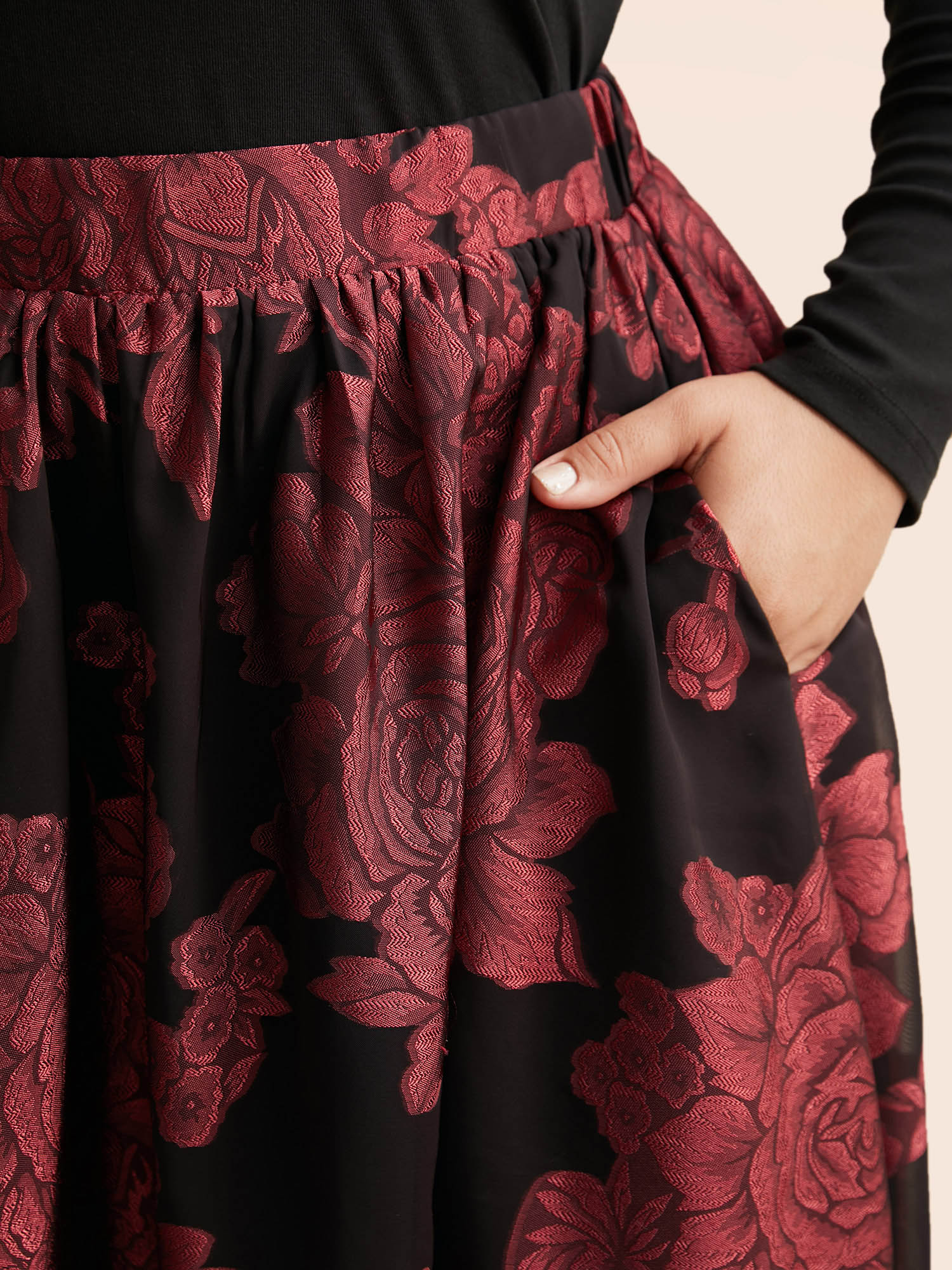Plus Size Floral Elastic Waist Pocket Skirt Women Deepred Elegant No stretch Slanted pocket Everyday Skirts BloomChic 30/6X 