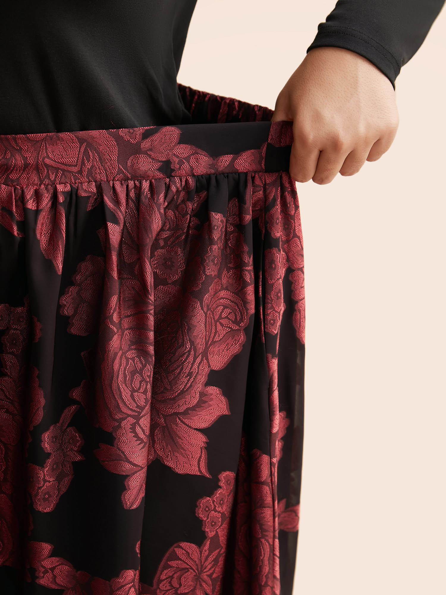 Plus Size Floral Elastic Waist Pocket Skirt Women Deepred Elegant No stretch Slanted pocket Everyday Skirts BloomChic 30/6X 
