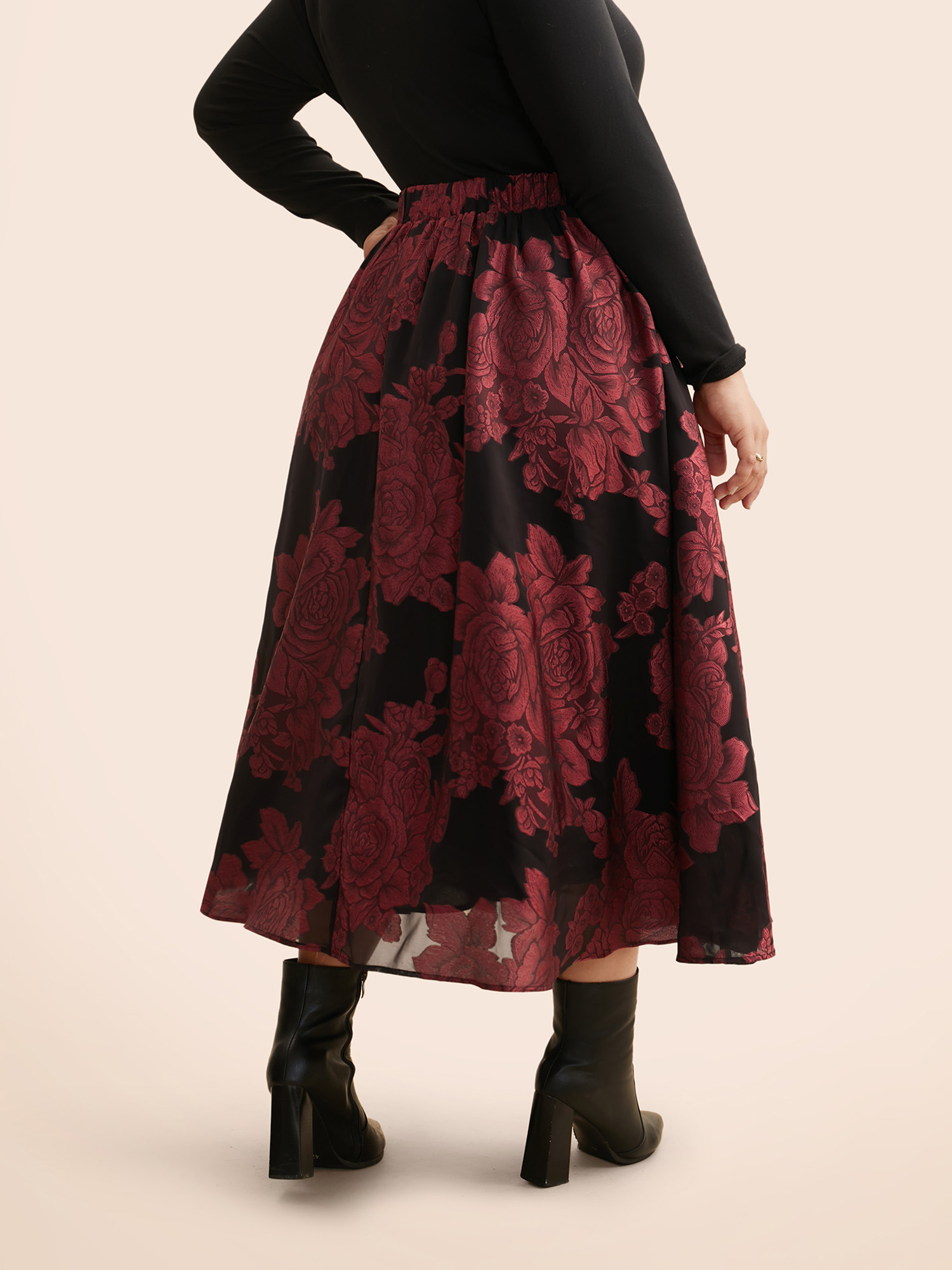 Plus Size Floral Elastic Waist Pocket Skirt Women Deepred Elegant No stretch Slanted pocket Everyday Skirts BloomChic 30/6X 