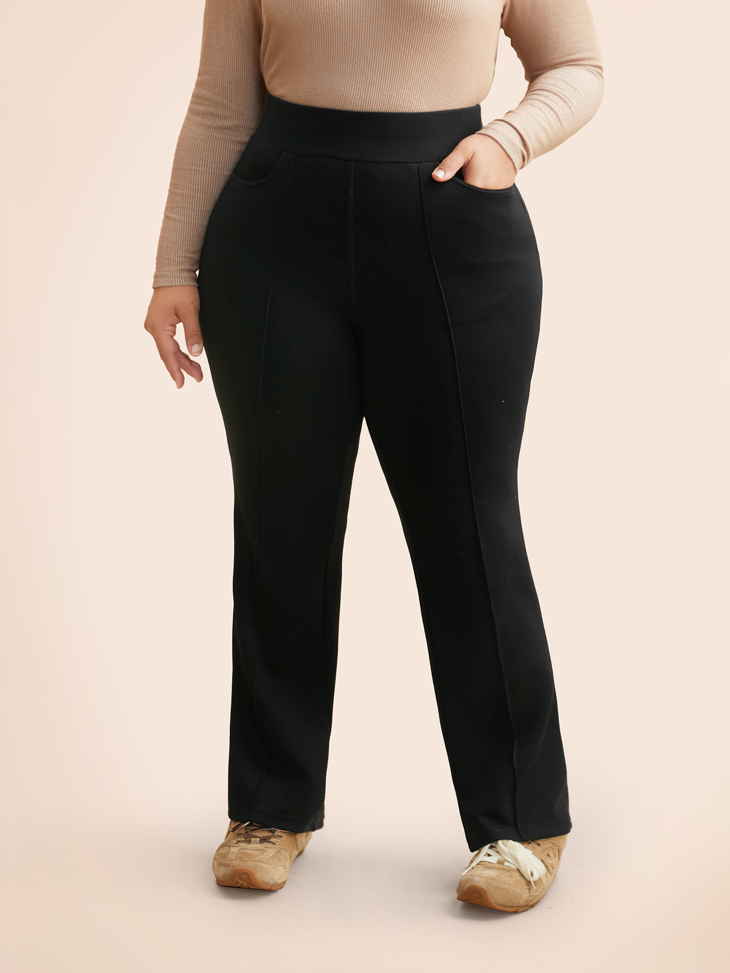 

Plus Size Supersoft Essentials Pintuck Elastic Waist Pants Women Black Casual Bootcut Mid Rise Everyday Pants BloomChic