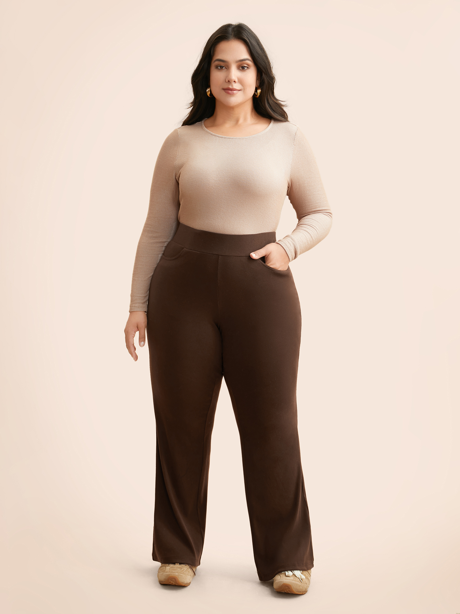 Plus Size Supersoft Essentials Flared Pants Women Browncoffeecolor Casual Medium stretch Bootcut Mid Rise Everyday Leggings BloomChic 10/M 