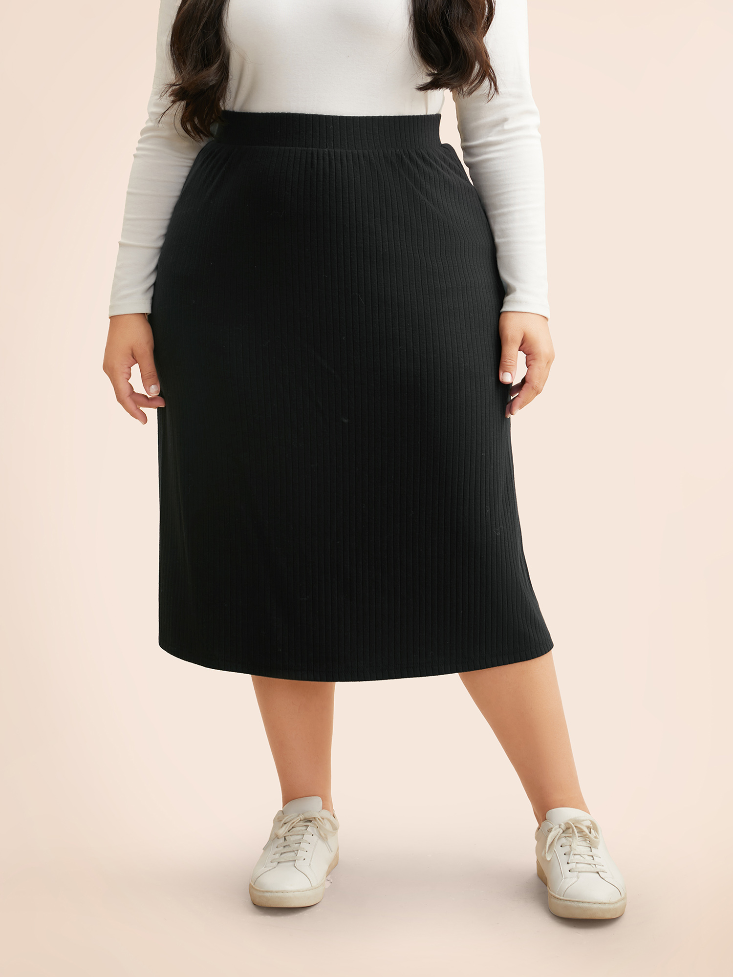 

Plus Size Supersoft Essentials A-Line Midi Skirt Women Black Casual Texture Medium stretch Everyday Skirts BloomChic